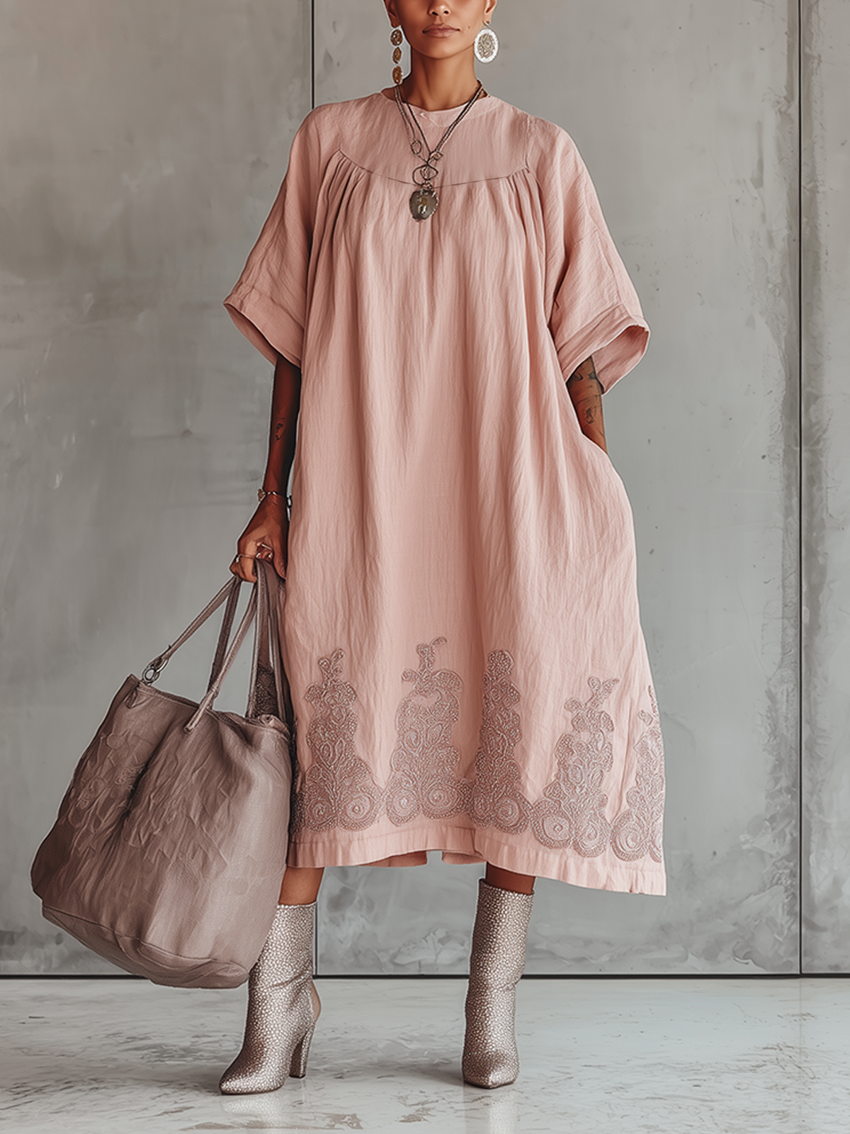 Pink Embroidered Linen Relaxed Midi Dress