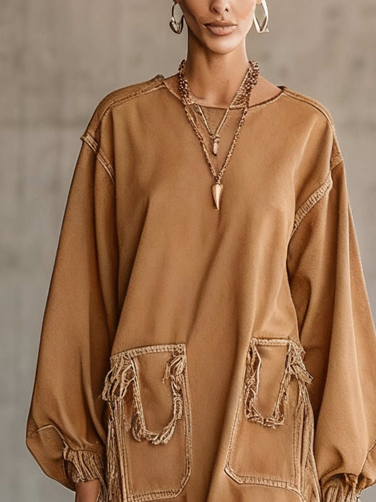 Camel Fringe Hem Oversized Denim Pocket Mini Dress