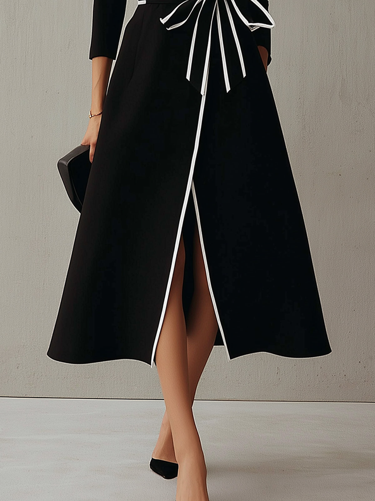 Black And White Contrast Trim Wrap Midi Dress
