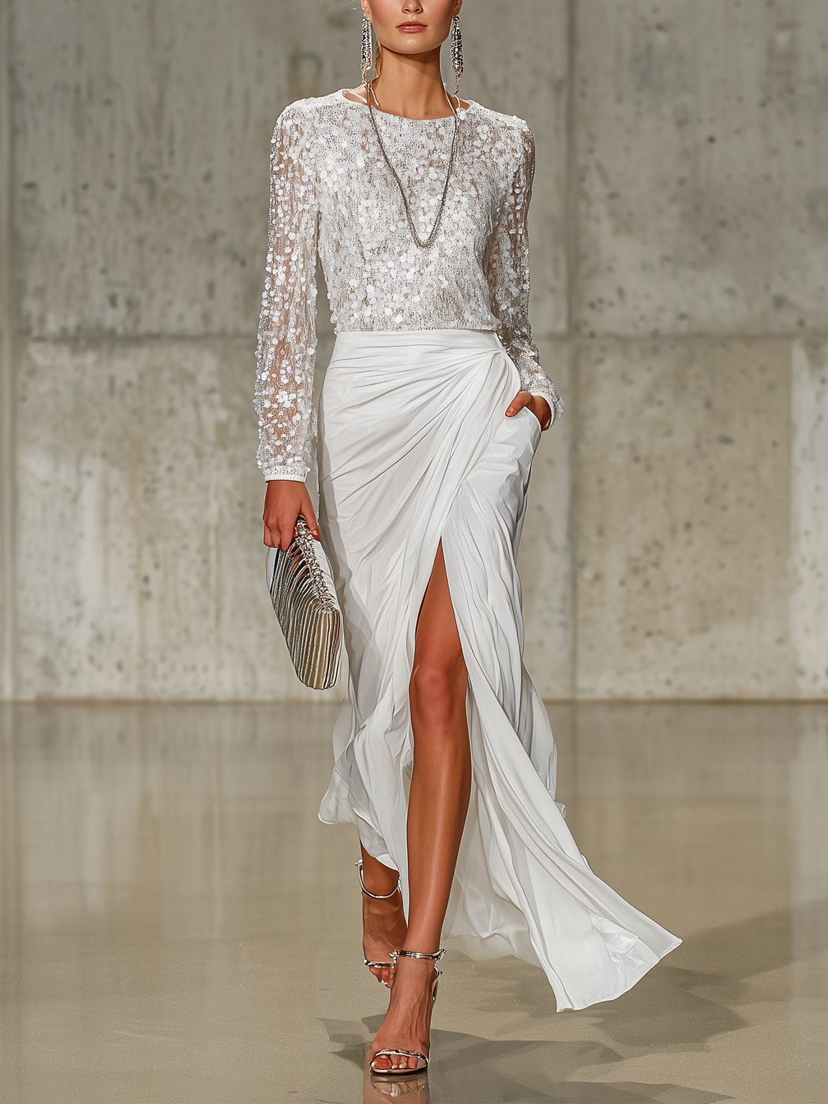White Sequined Chiffon Long Sleeve Blouse And Draped Maxi Skirt Set