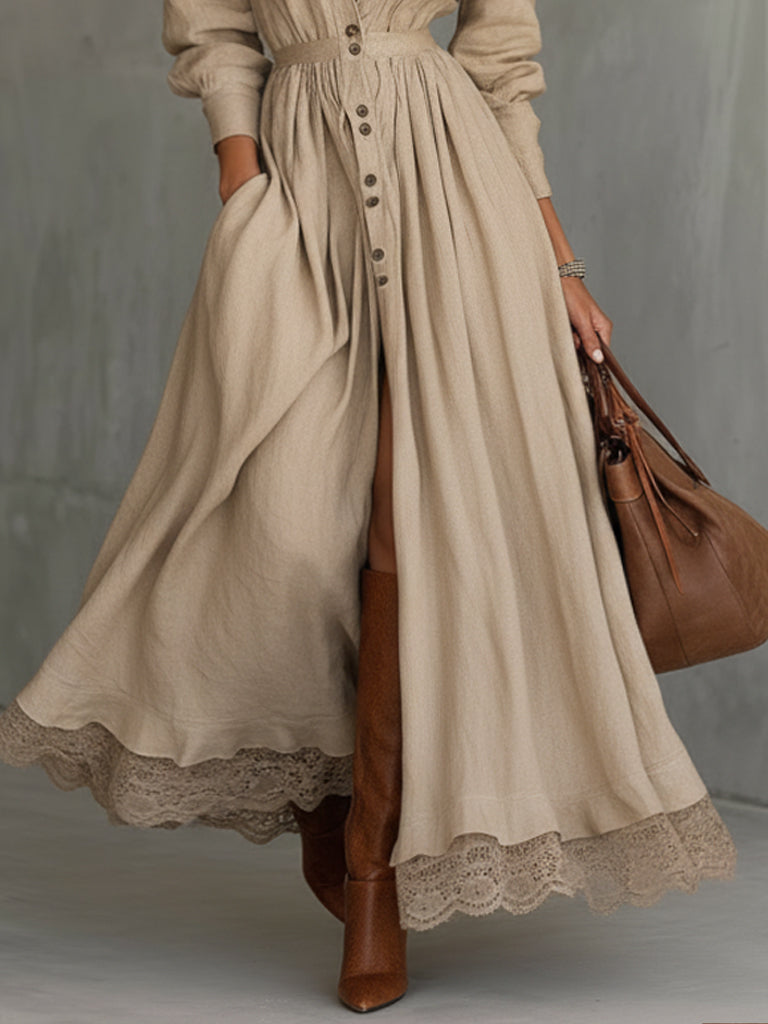 Elegant Beige Lace Trim Buttoned Maxi Dress