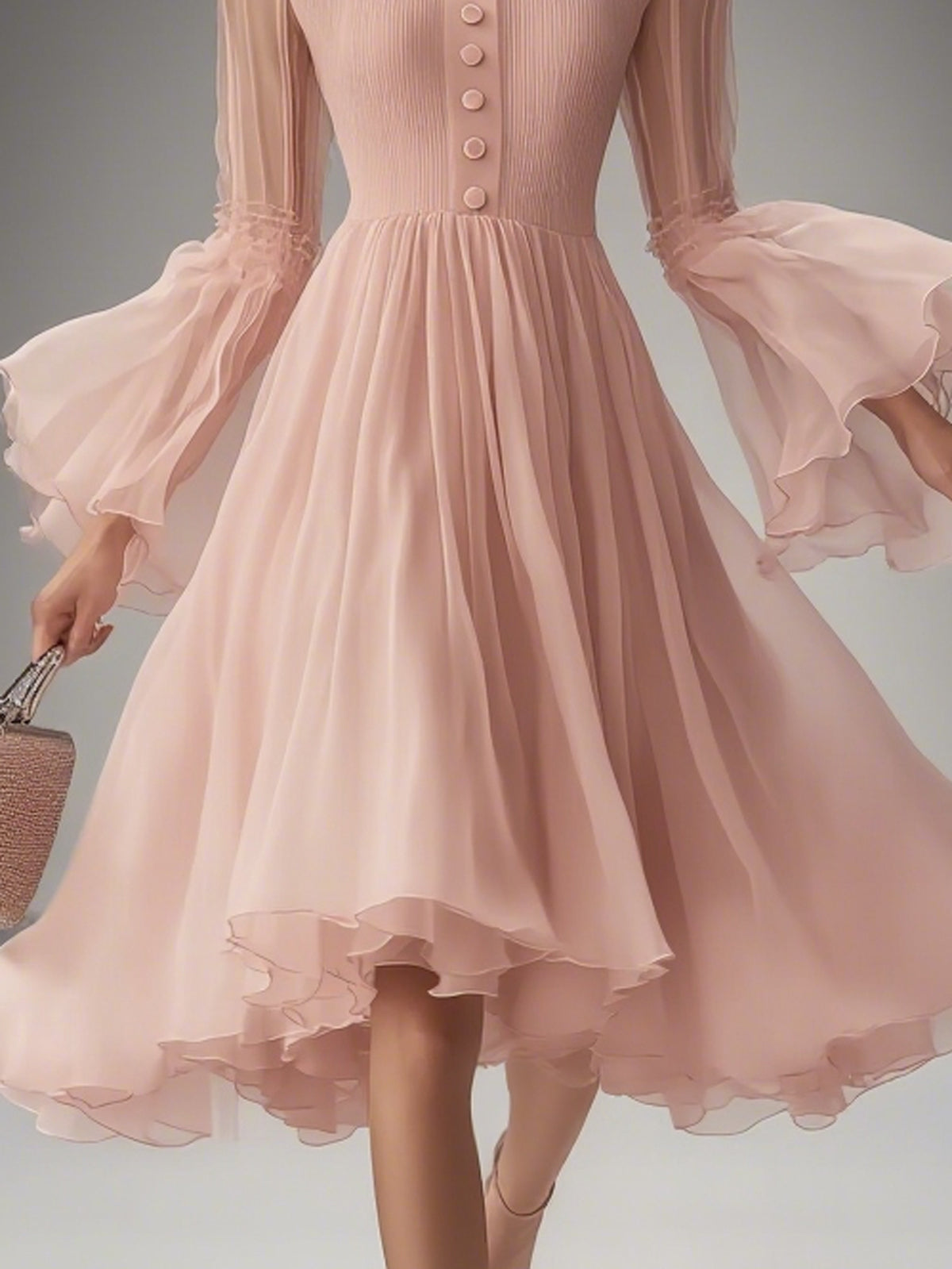 Pink Chiffon Button Front Open Ruffle Cuffs Round Neck Long Sleeve Midi Dress