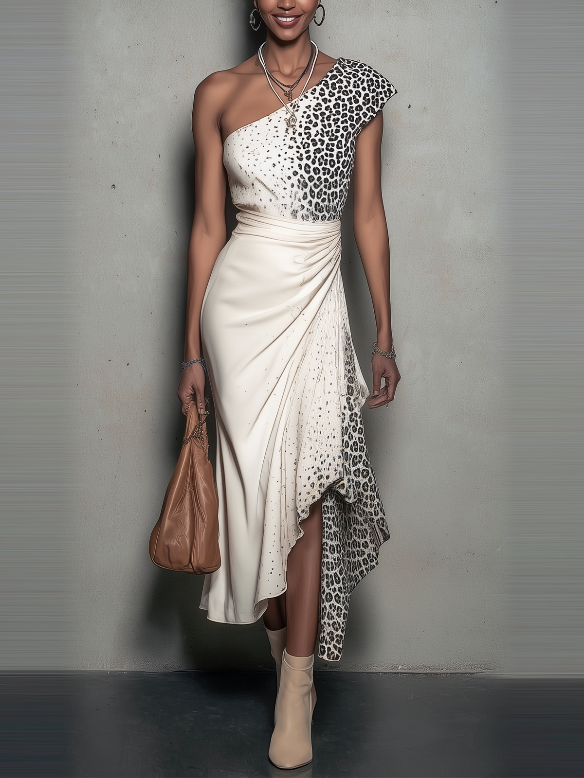 White Leopard Ombre One-Shoulder Draped Midi Dress