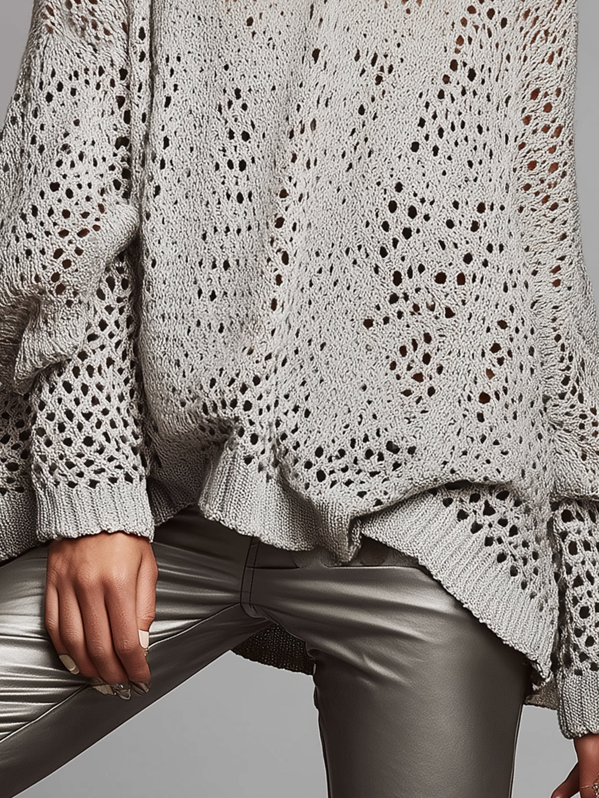 Light Gray Open-Knit Turtleneck Sweater With Oversized Fit And Ribbed Edges