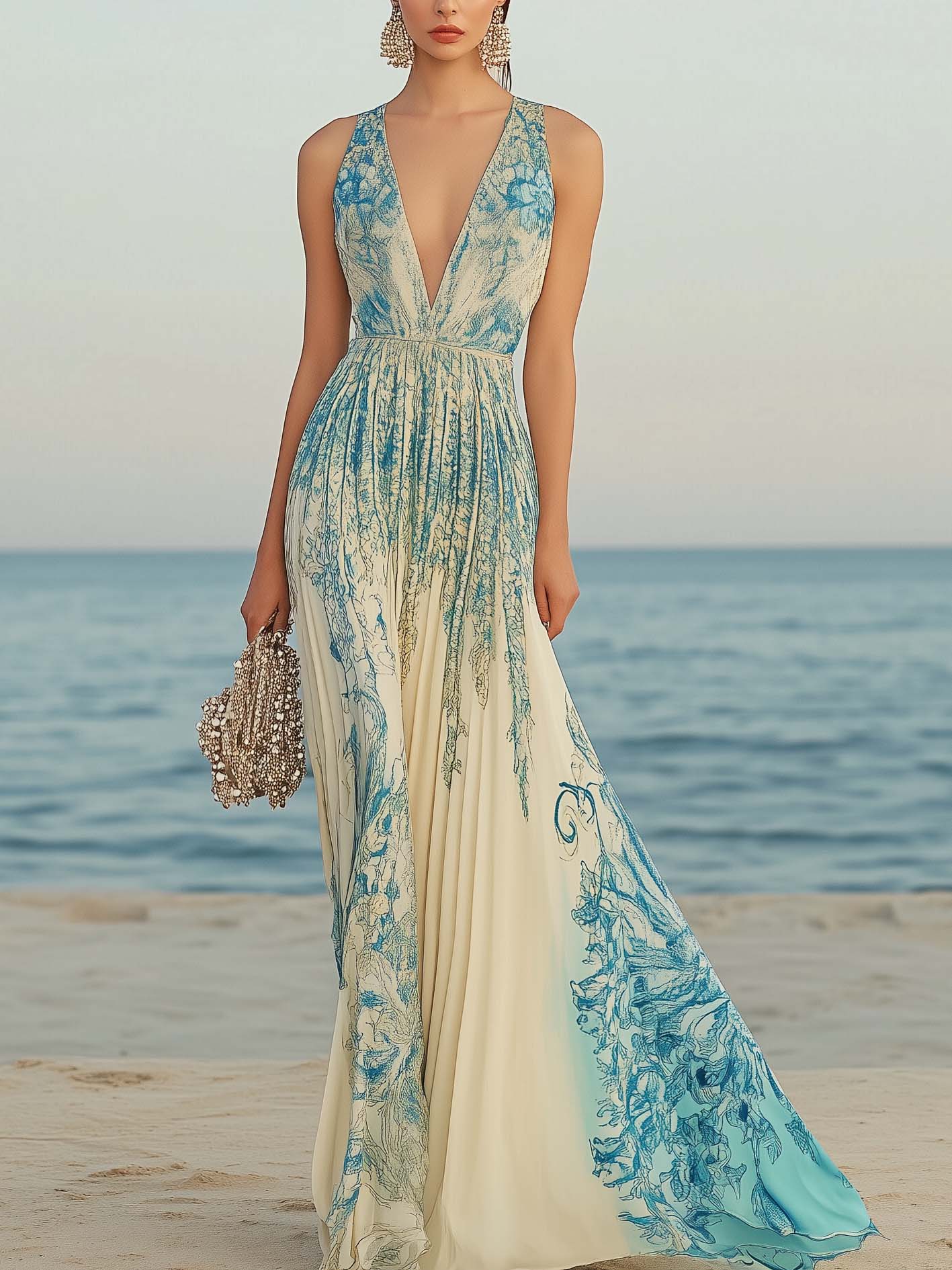 Beige Satin Maxi Dress With Teal Vintage Gradient Flowers