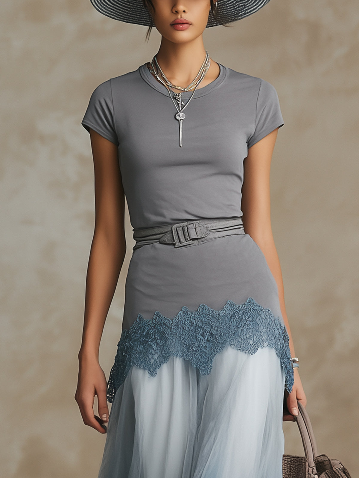 Gray T-shirt And Blue Ombre Lace Hem Flowing Maxi Skirt