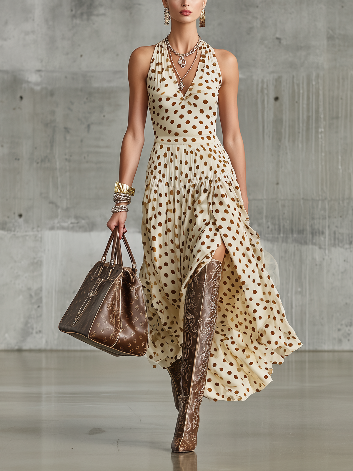 Ivory And Brown Polka Dot Halter High-Low Midi Dress