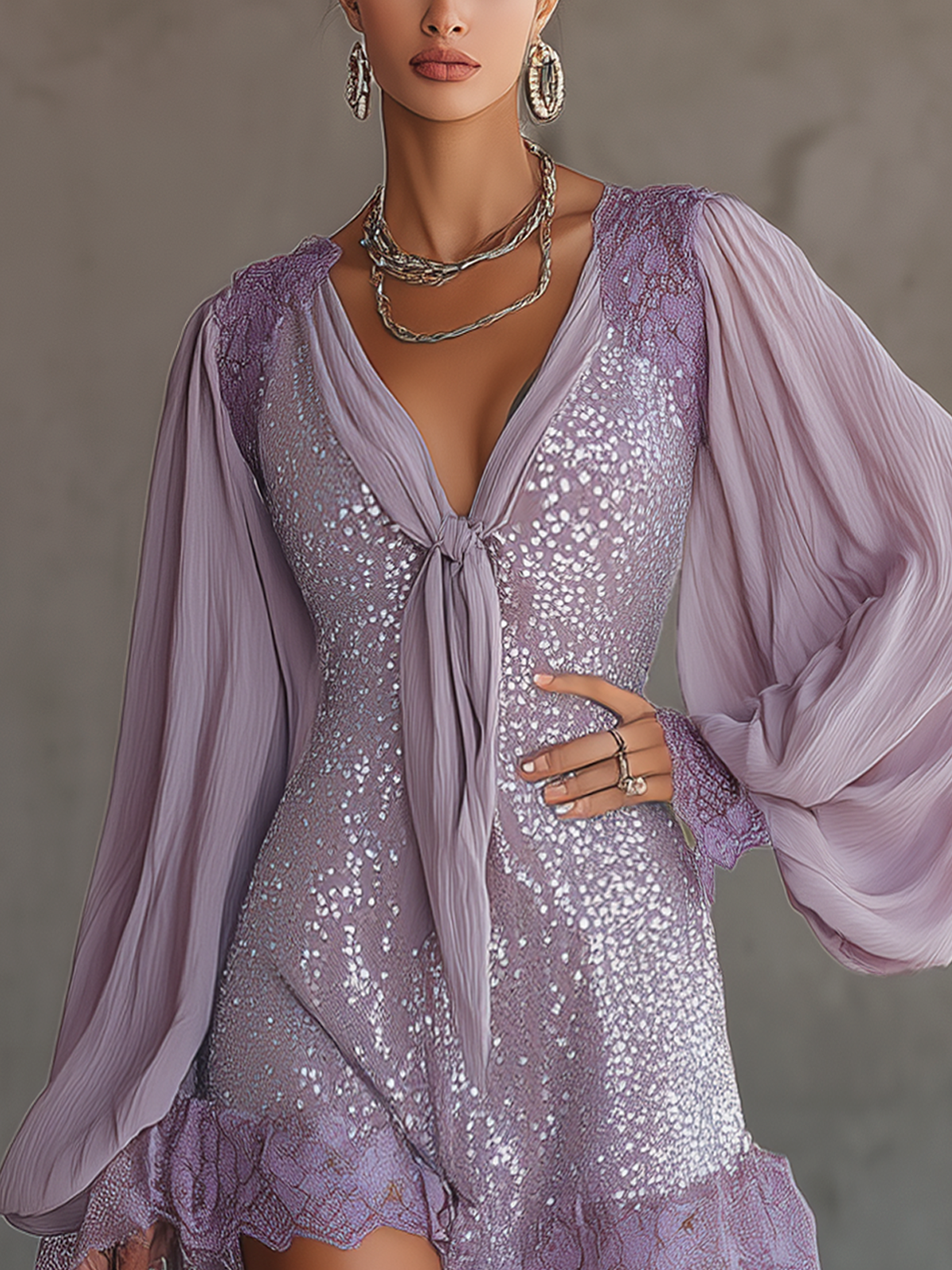 Purple Sequined Chiffon Lantern Sleeve Lace-trimmed Mini Dress