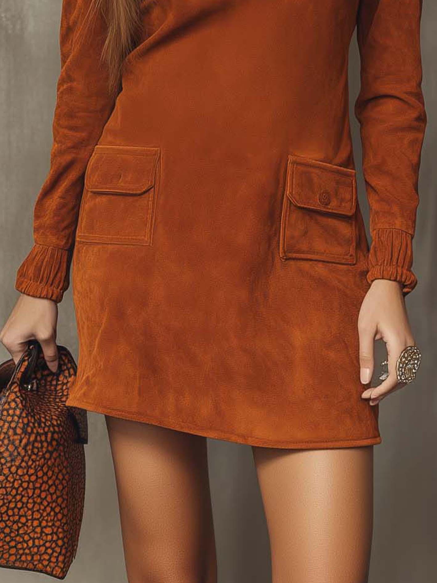 Orange Vintage Faux Suede Mini Dress With Pockets
