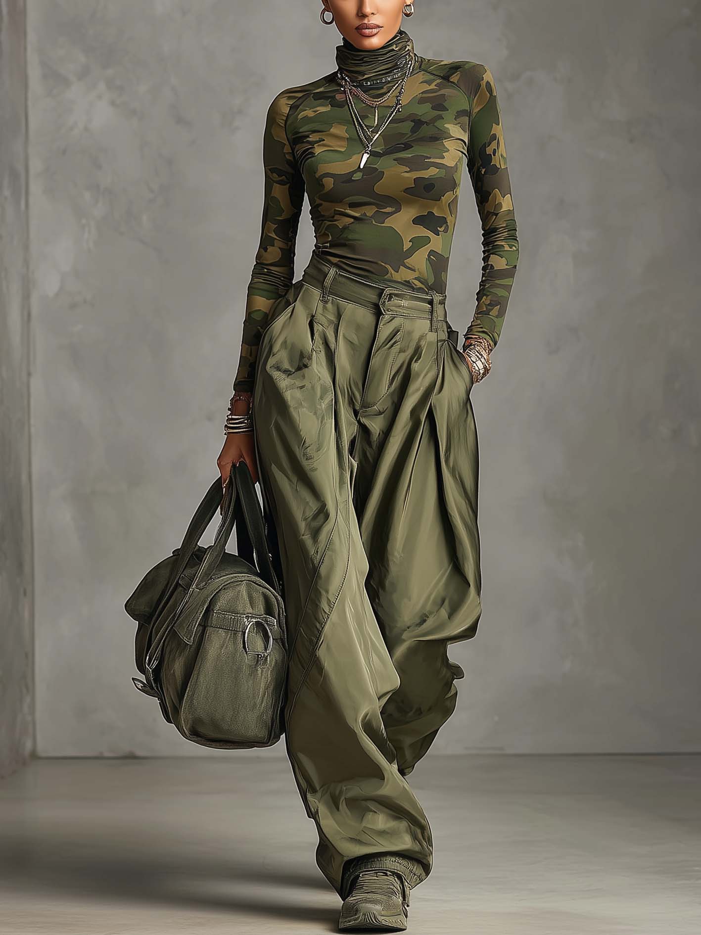 Camouflage Print Turtleneck Slim Top And Army Green High Waist Cargo Pants Set