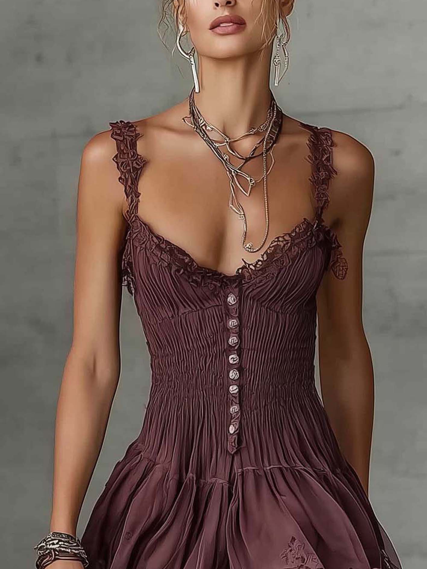 Wine Red Lace Smocked Button Front Mini Dress