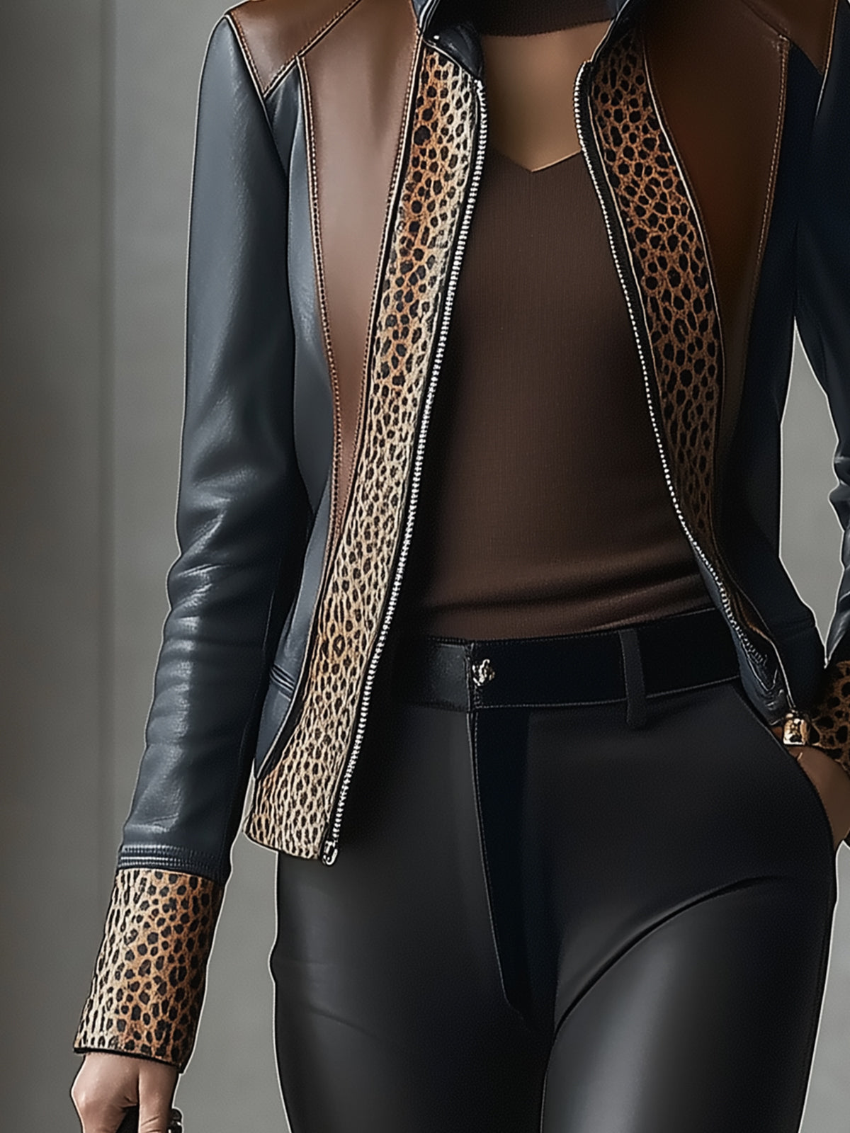 Leopard Accented Faxu Leather Jacket