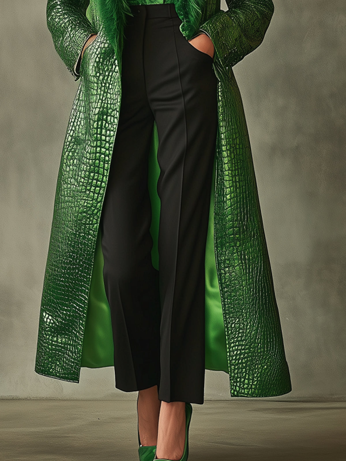 Green Crocodile Faux Fur Collar Long Coat