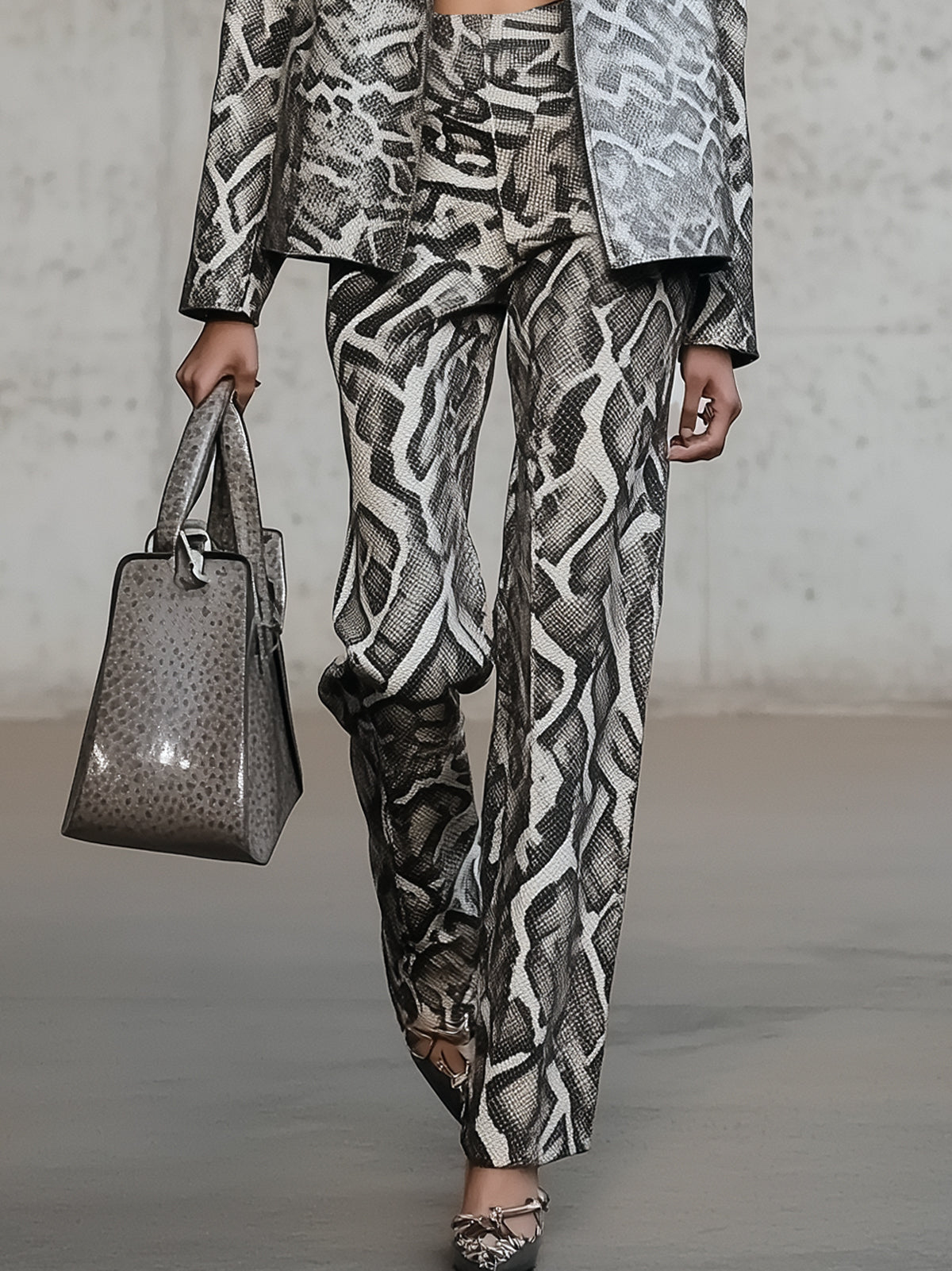Gray Snake Print Cropped Blazer And Wide Leg Pants Suit