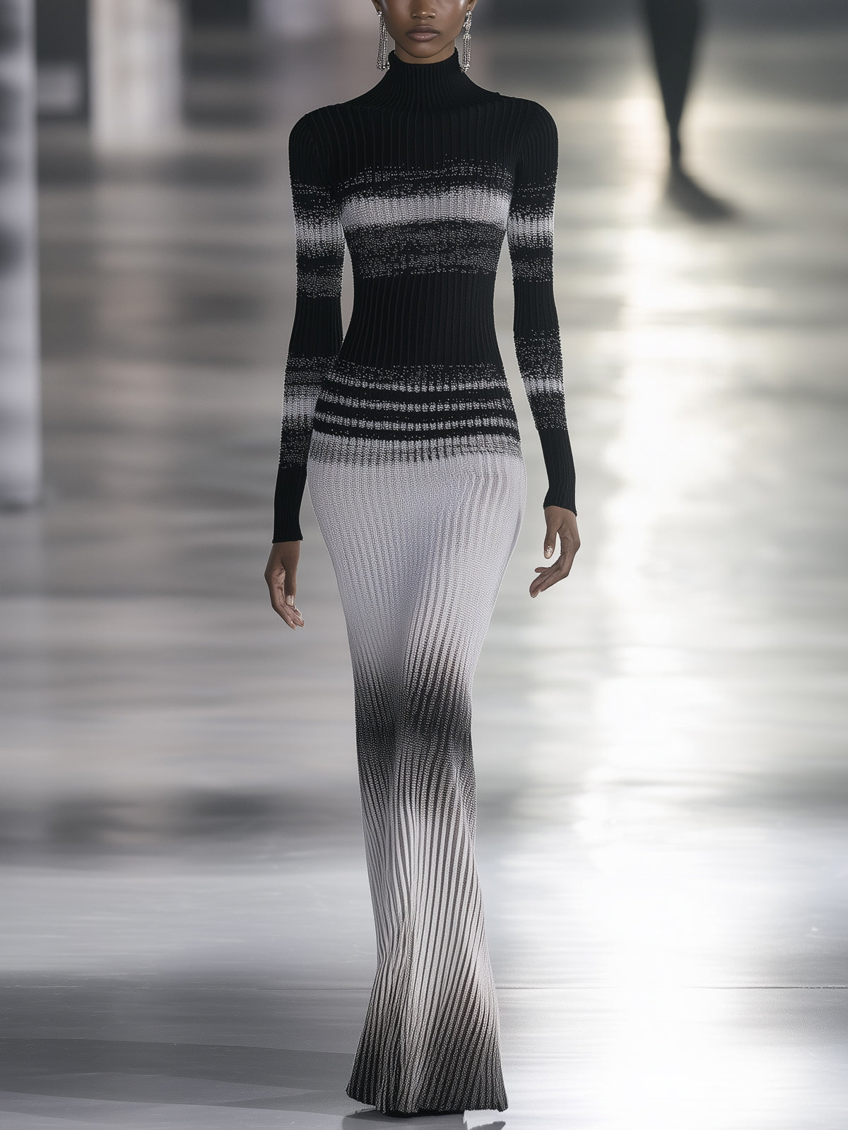 Black And White Ribbed Gradient Effect Metallic Turtleneck Long Sleeve Maxi Dress