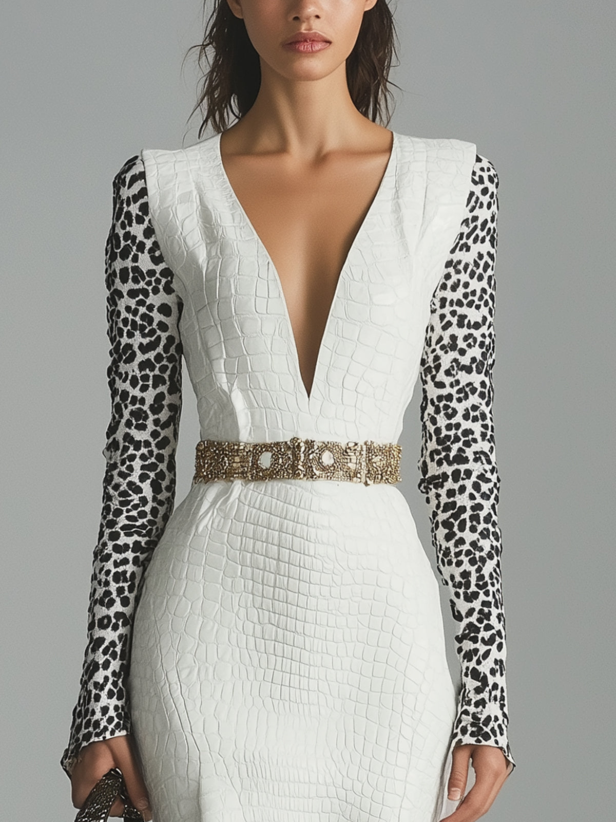 Faux Crocodile Embossed Dress With Leopard Sleeves And Gold Fringe