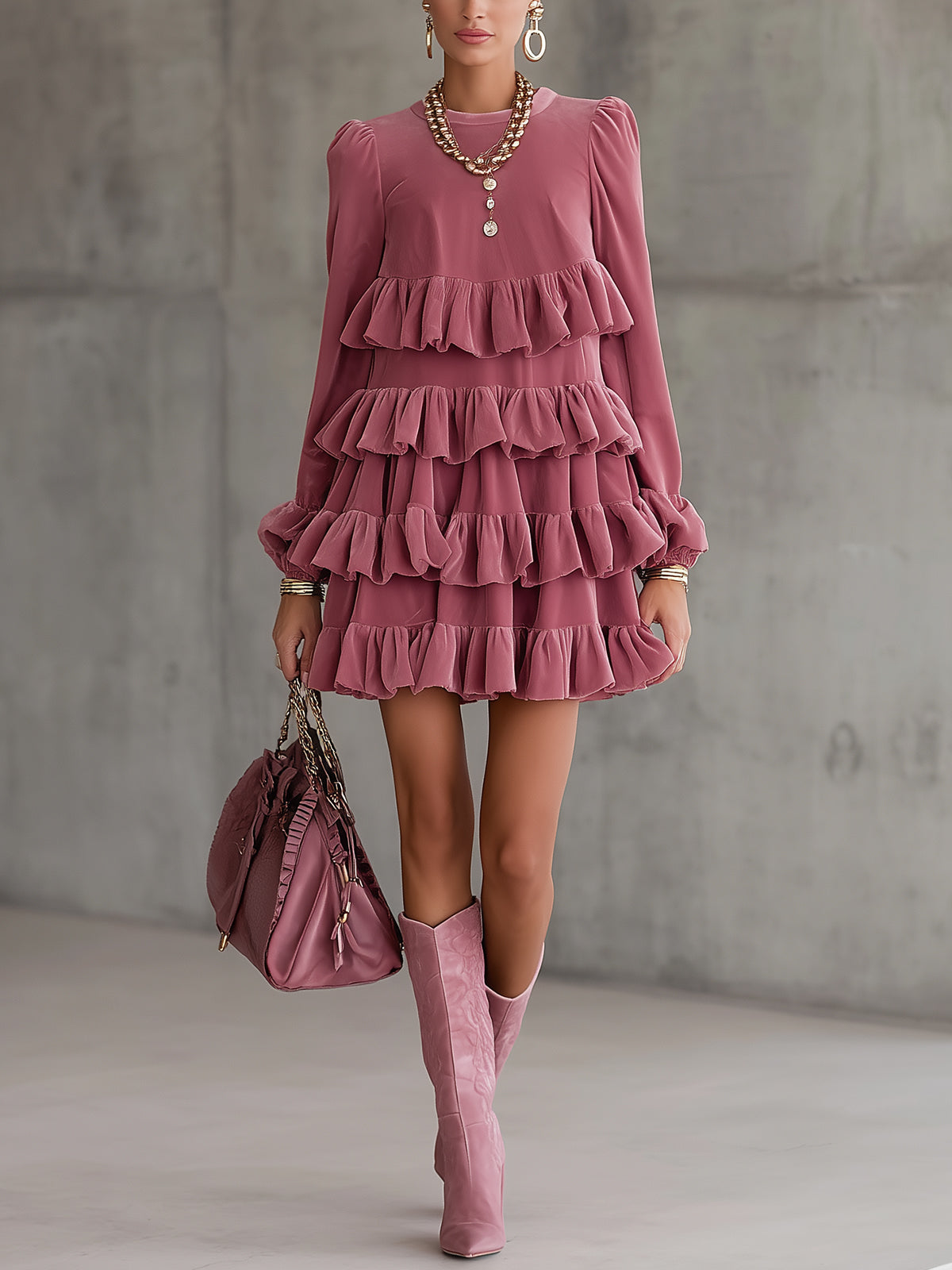 Rose Tiered Ruffle Velvet Mini Dress With Long Sleeves