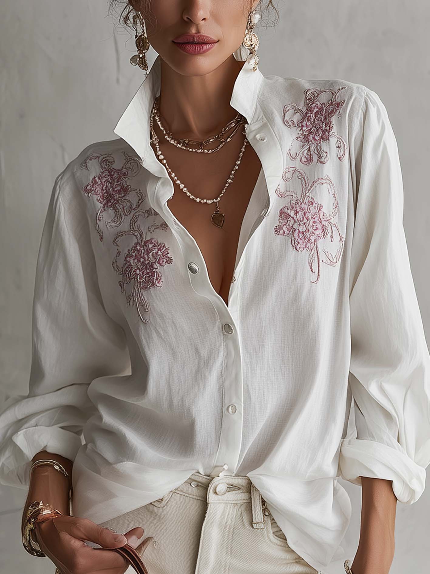 White Cotton Linen Vintage Floral Embroidered Blouse