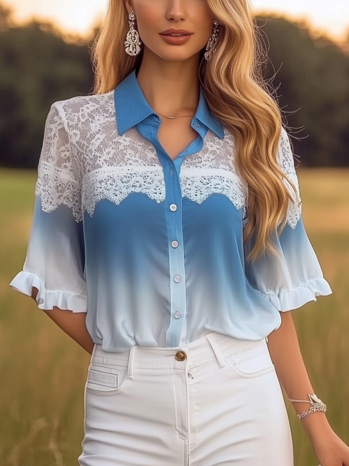 Ombre Lace Panel Chiffon Blouse