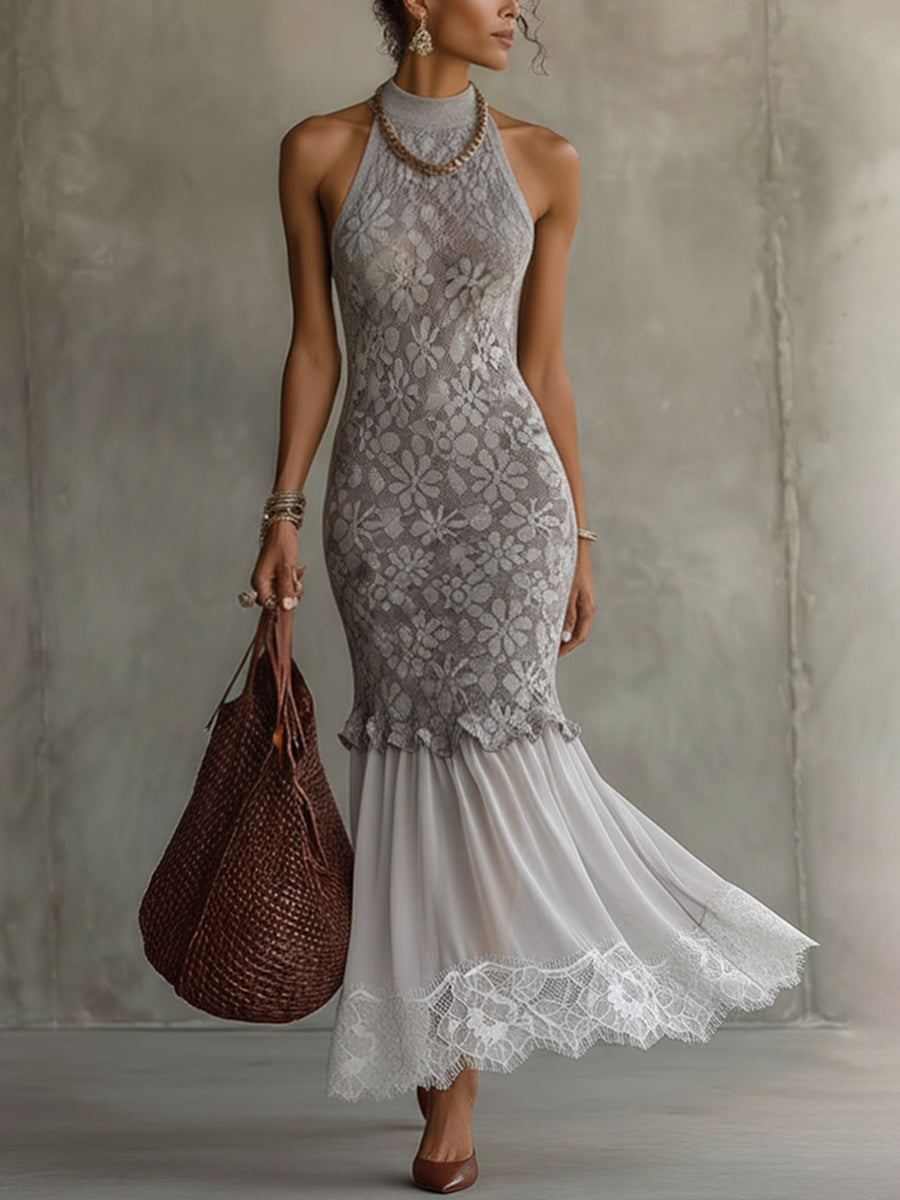 Gray Lightweight Knit Bodycon Dress With Chiffon Lace Hem