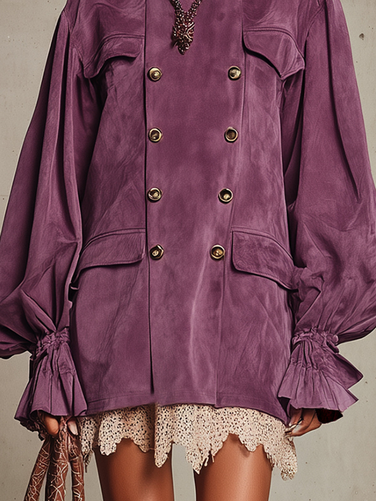 Plum Faux Suede Double-Breasted Blouse With Statement Sleeves