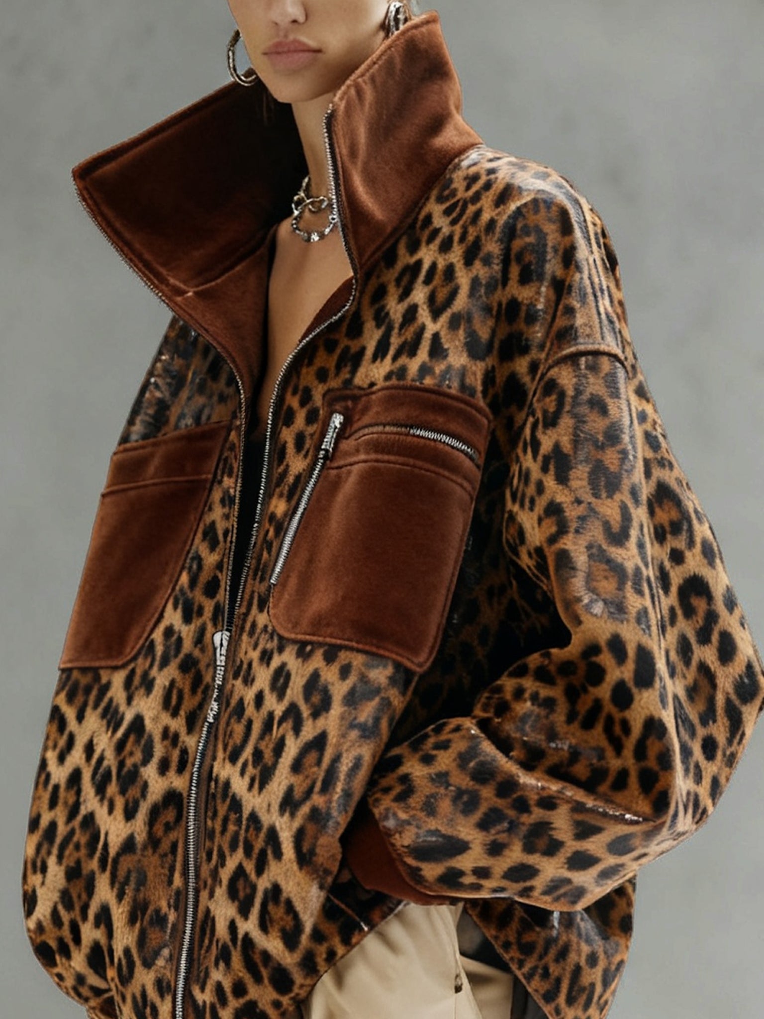 Brown Faux Suede Leopard Oversized Zip Jacket