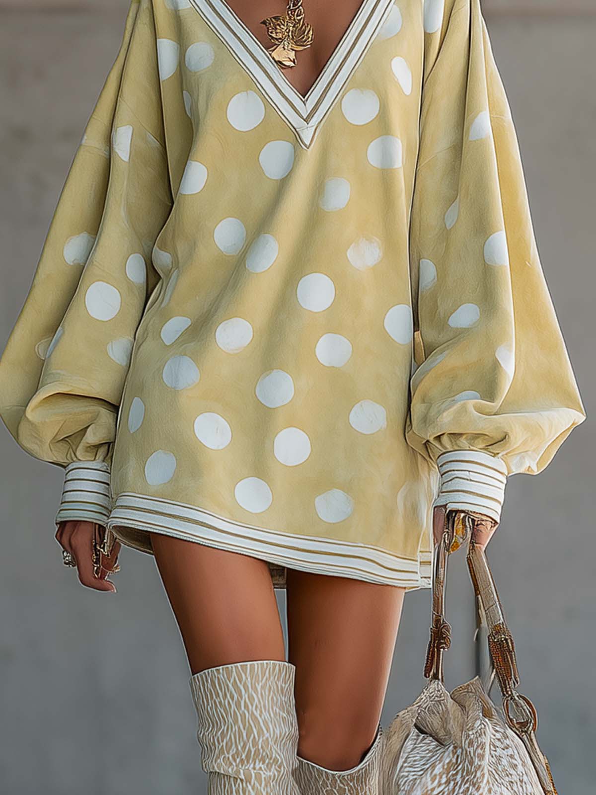 Yellow Faux Suede Polka Dot V-neck Loose Mini Dress