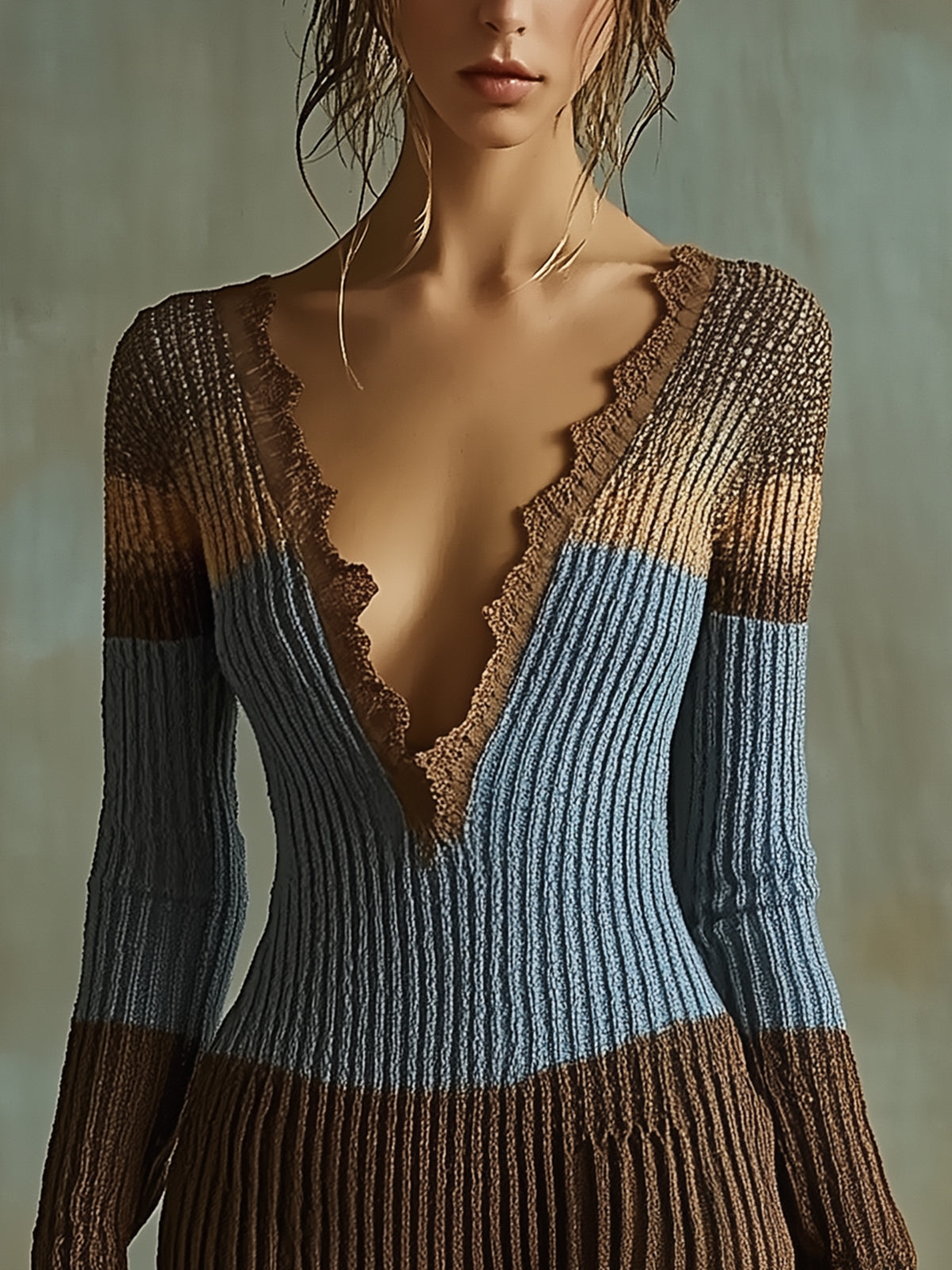 Color Block Knit Ruffle Dress
