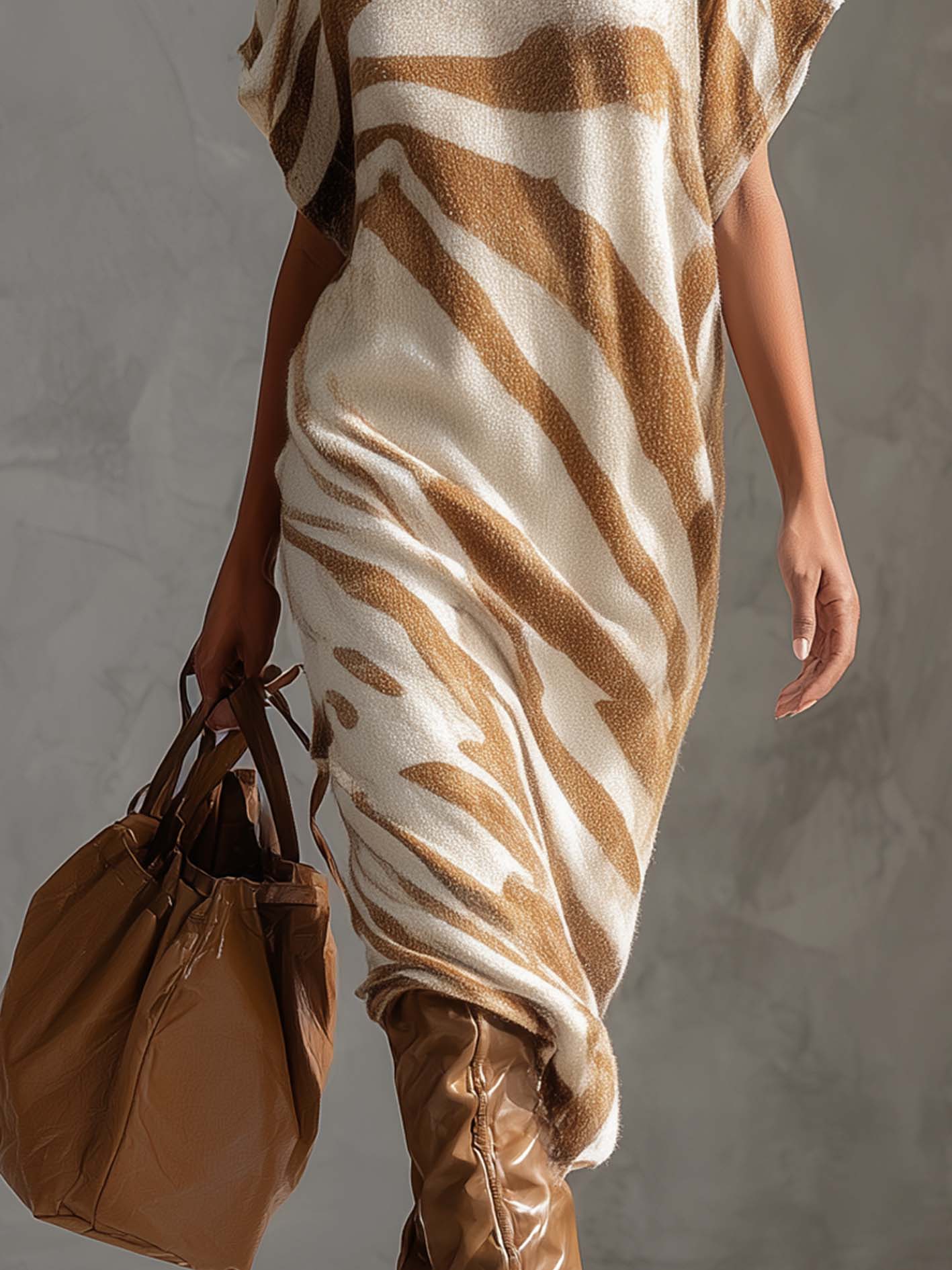 Warm Brown Zebra Print White Knit Midi Dress