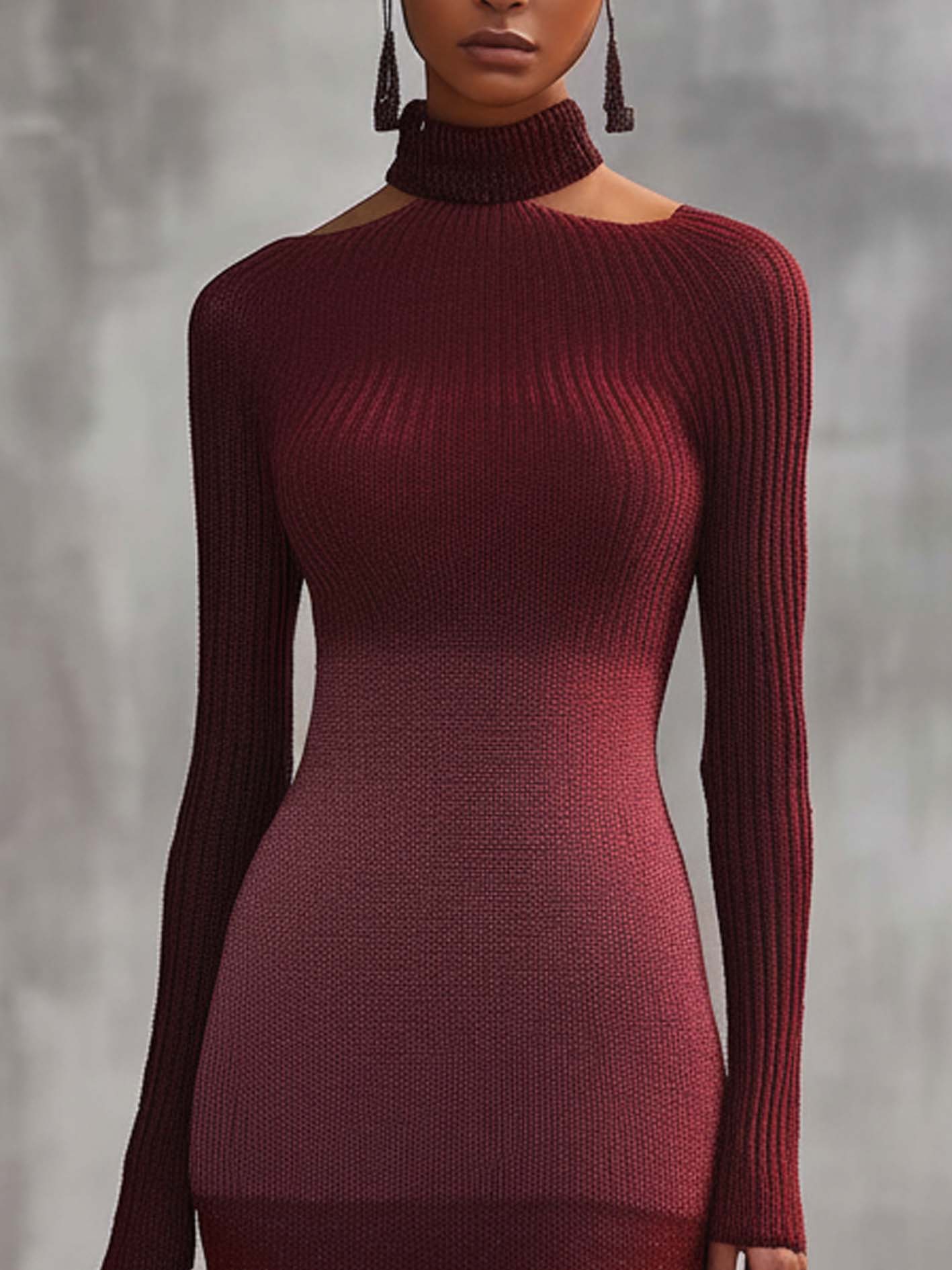 Elegant Burgundy Knit Bodycon Dress With Chiffon Ruffles