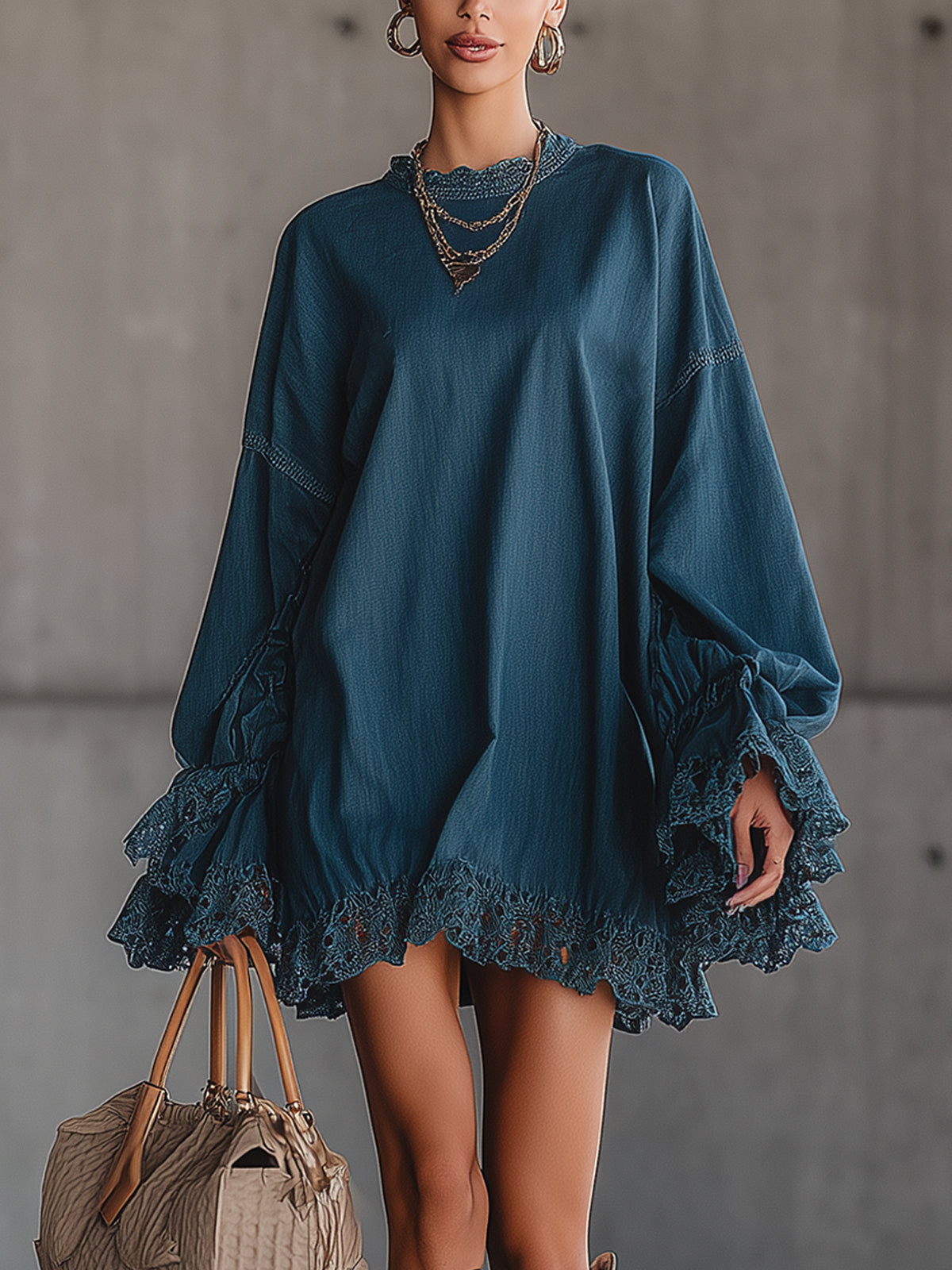 Blue Lace Trim Balloon Sleeve Denim Mini Dress