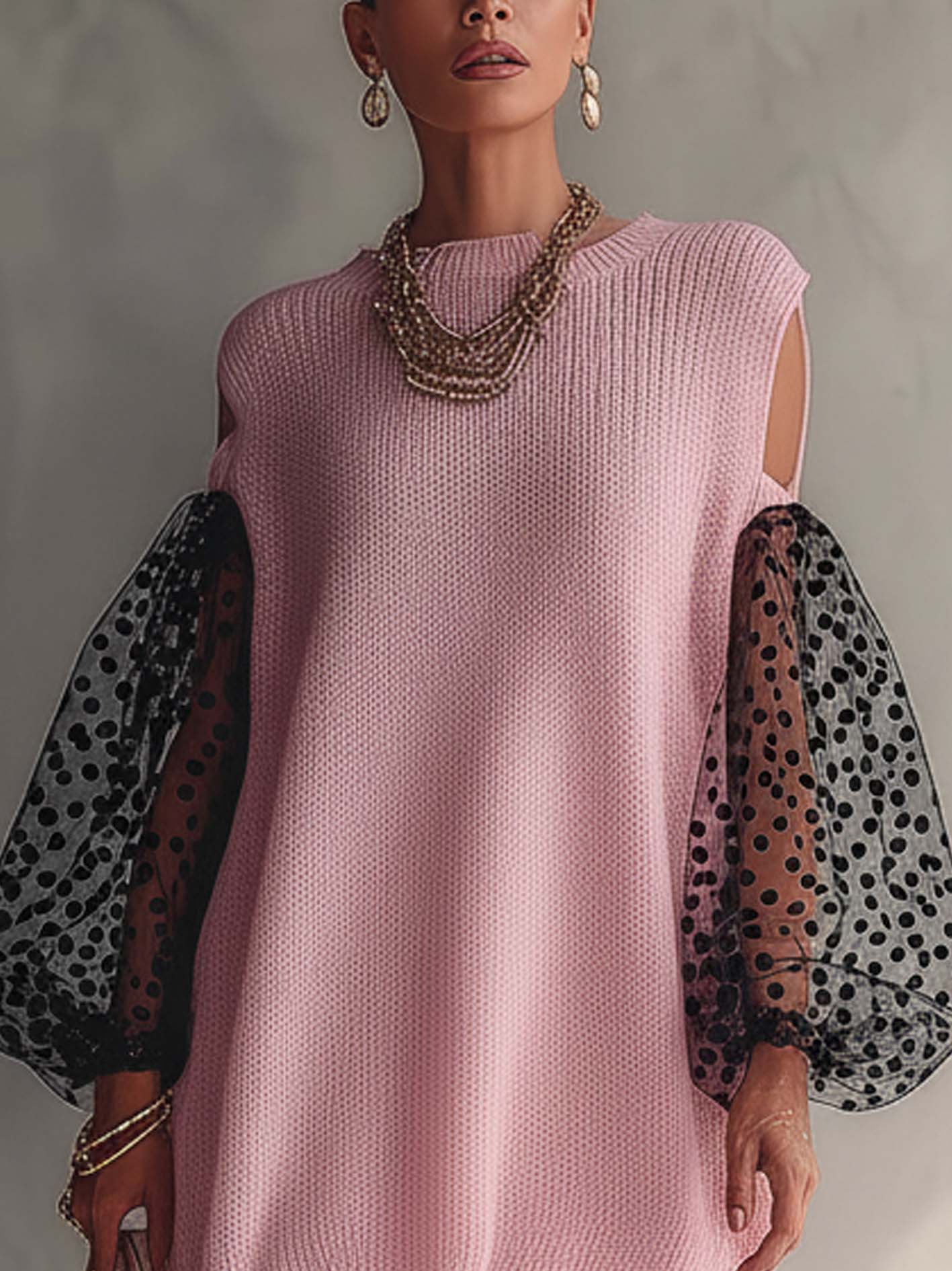Pink Cold Shoulder Knit Mini Dress With Polka Dot Mesh Puff Sleeves