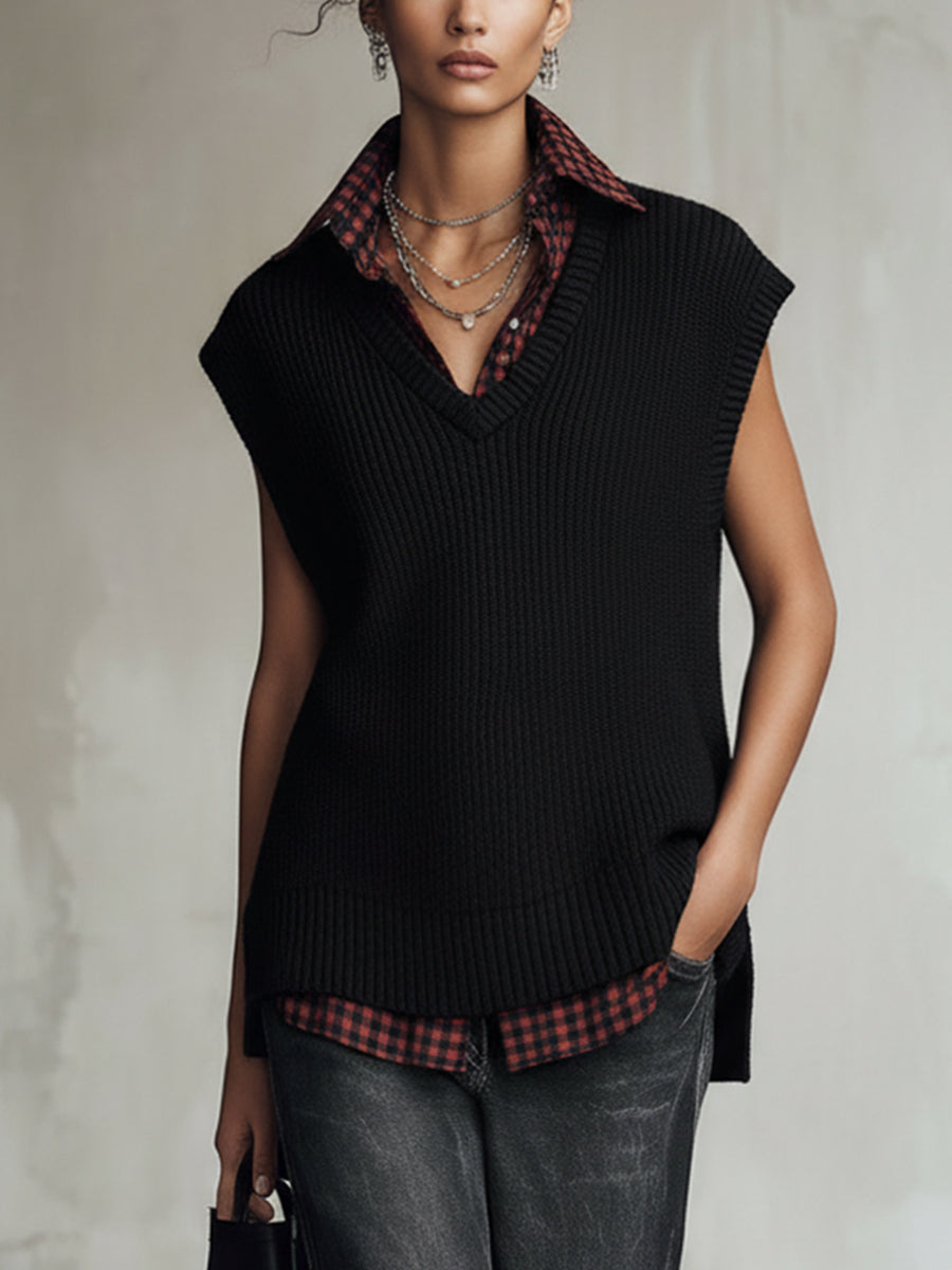 Black Sleeveless Knit And Red Plaid Layered Sweater