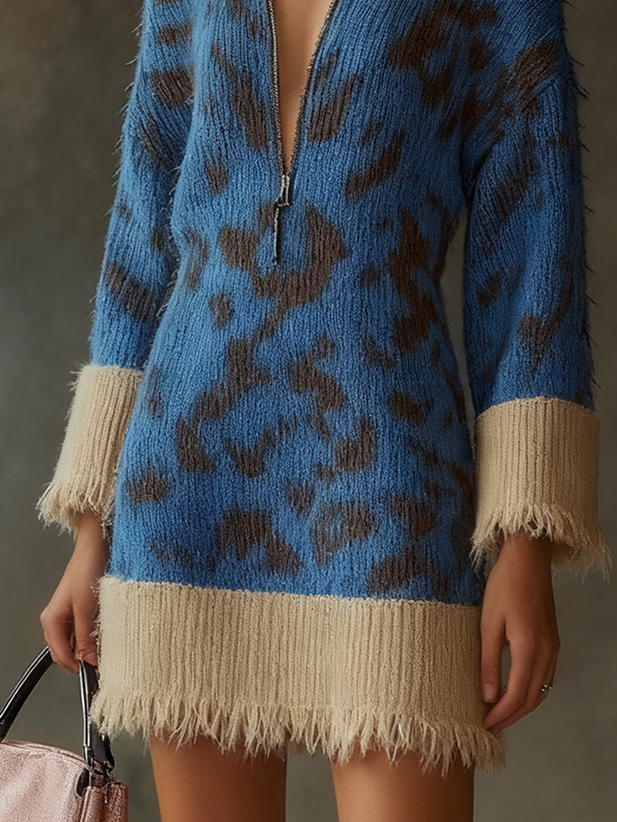 Blue Leopard Print Knit Dress With Beige Trim And Zip Neckline