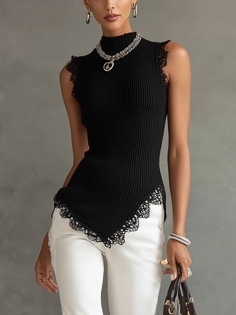 Black Ribbed Knit Sleeveless Tank With Lace Trim Hem
