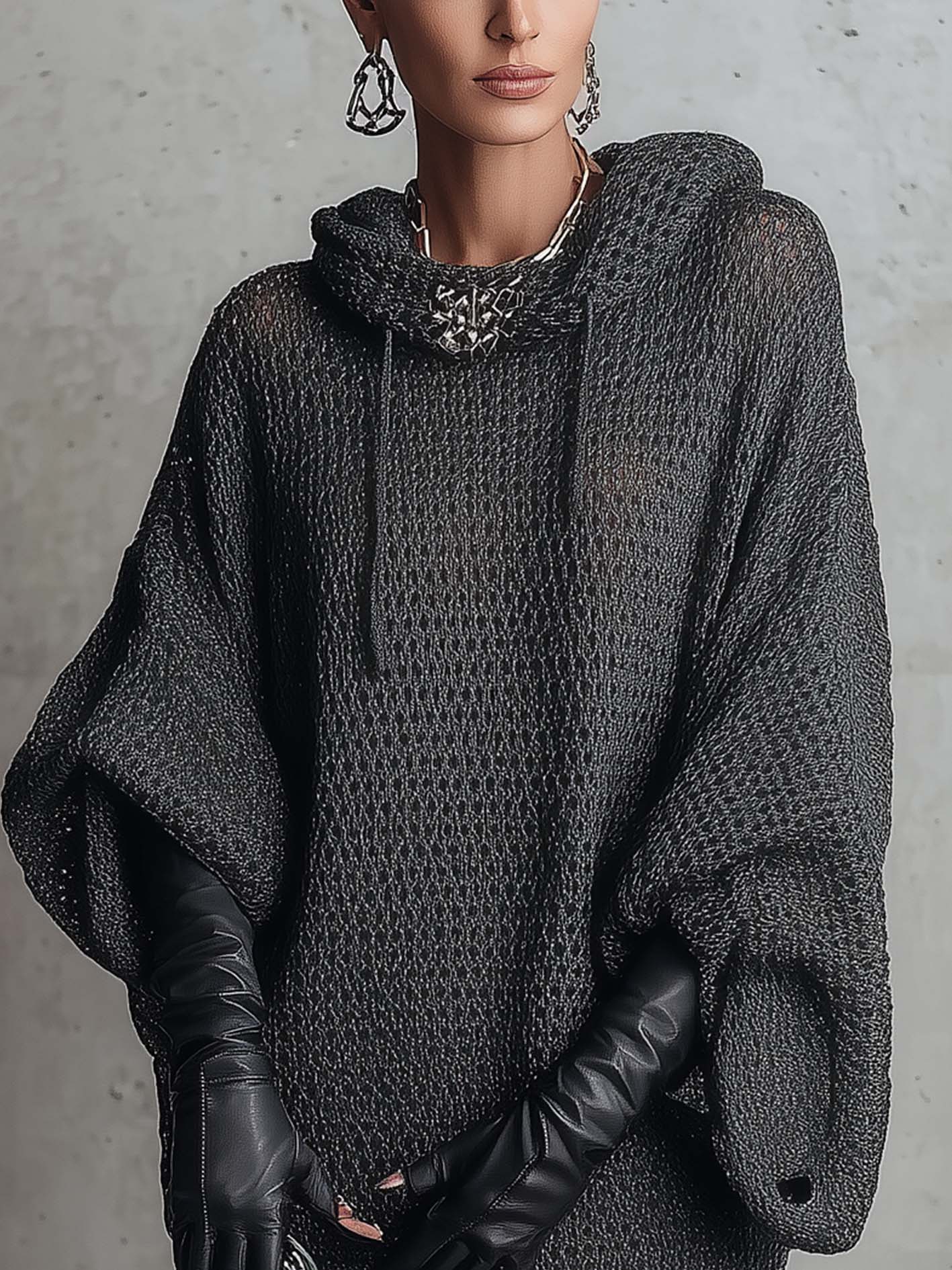 Gray Mesh Texture Knit Hooded Oversized Mini Dress