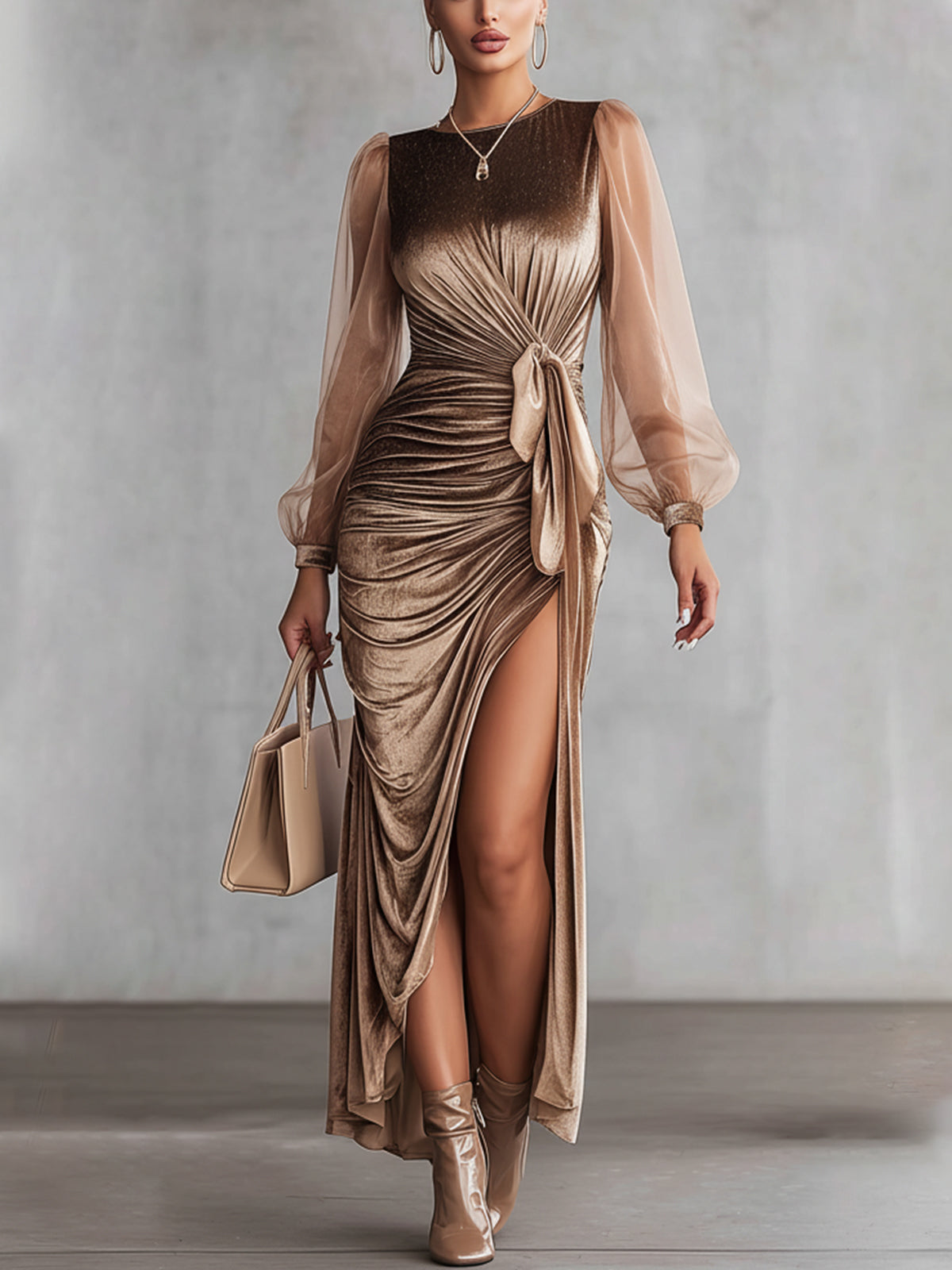 Champagne Velvet Maxi Dress With Sheer Sleeves And Side Tie Draping