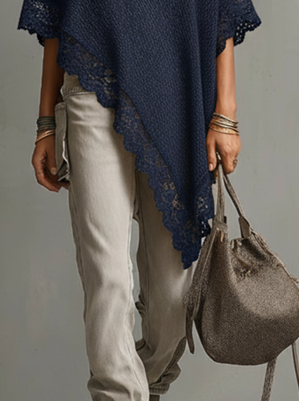 Navy Blue Lace-Trim Asymmetrical Knit Sweater