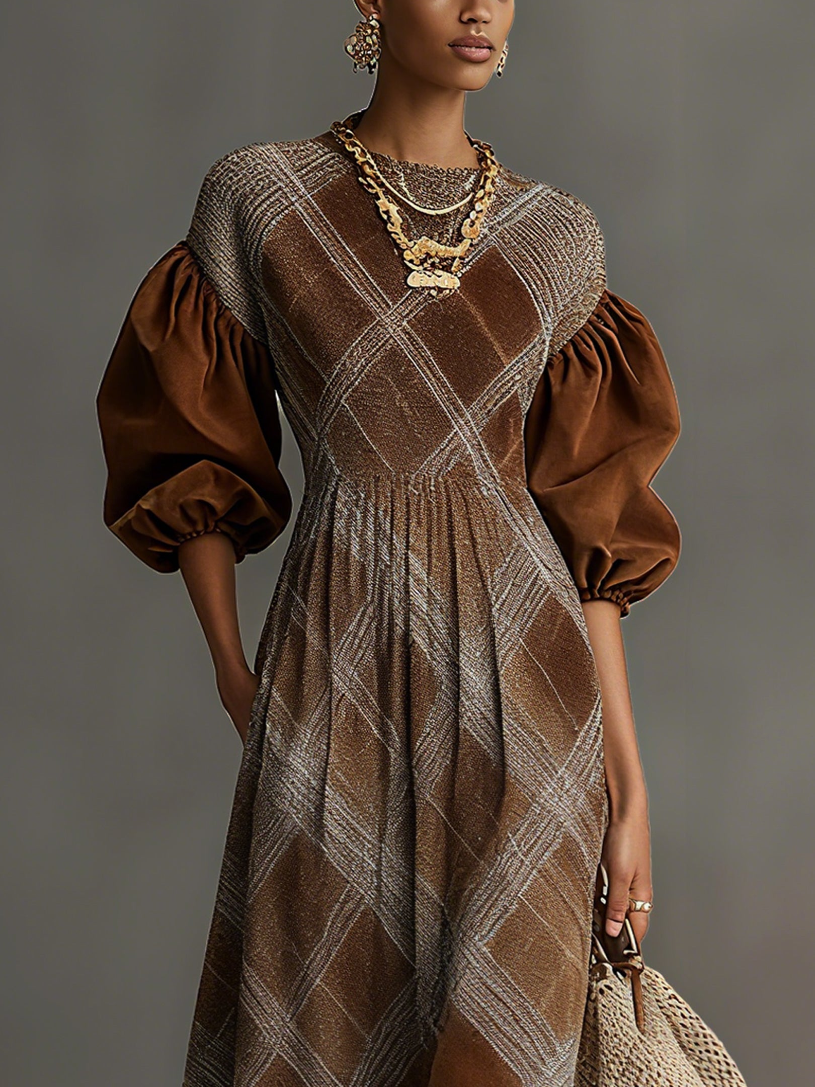 Brown Suede Plaid Puff Sleeve Midi Dress