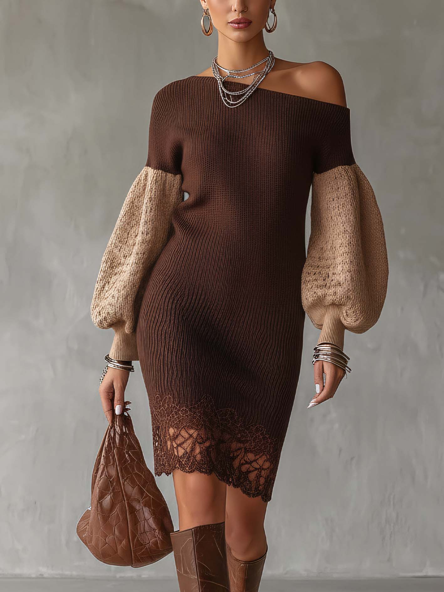One Shoulder Brown Knit Mini Dress With Textured Sleeves And Lace