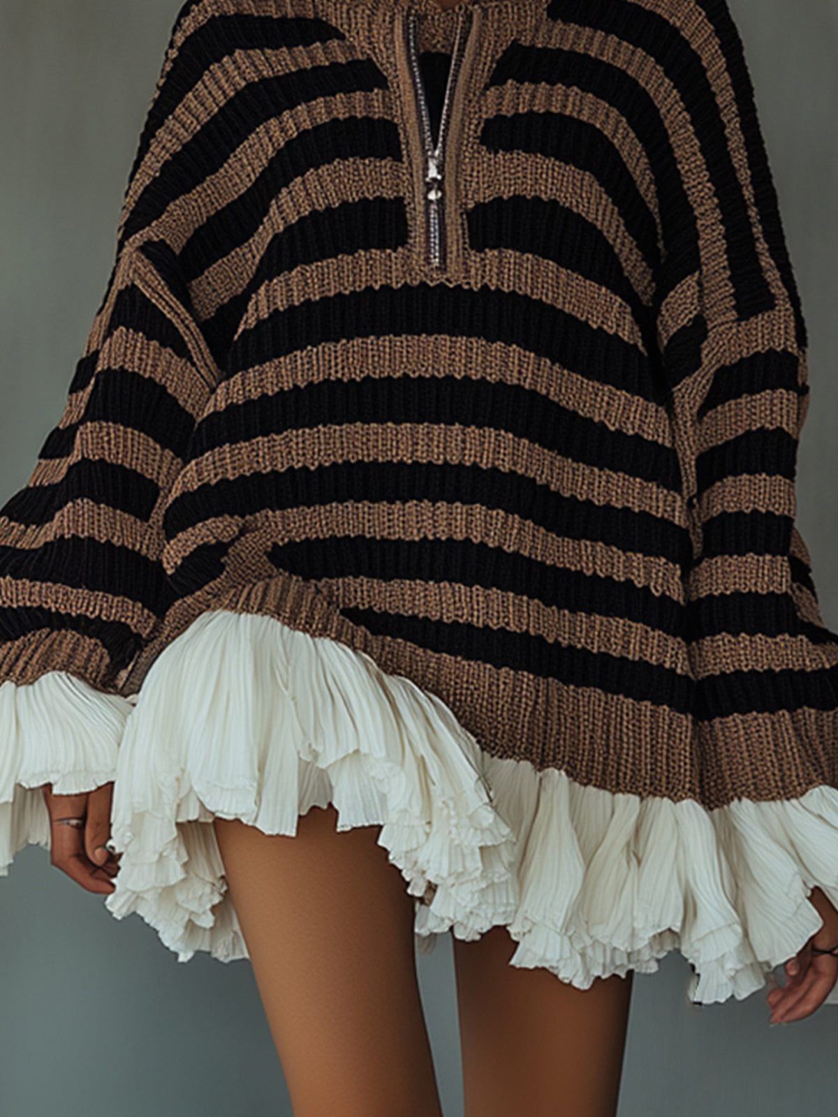 Striped Knit Ruffle Hem Hoodie Dress