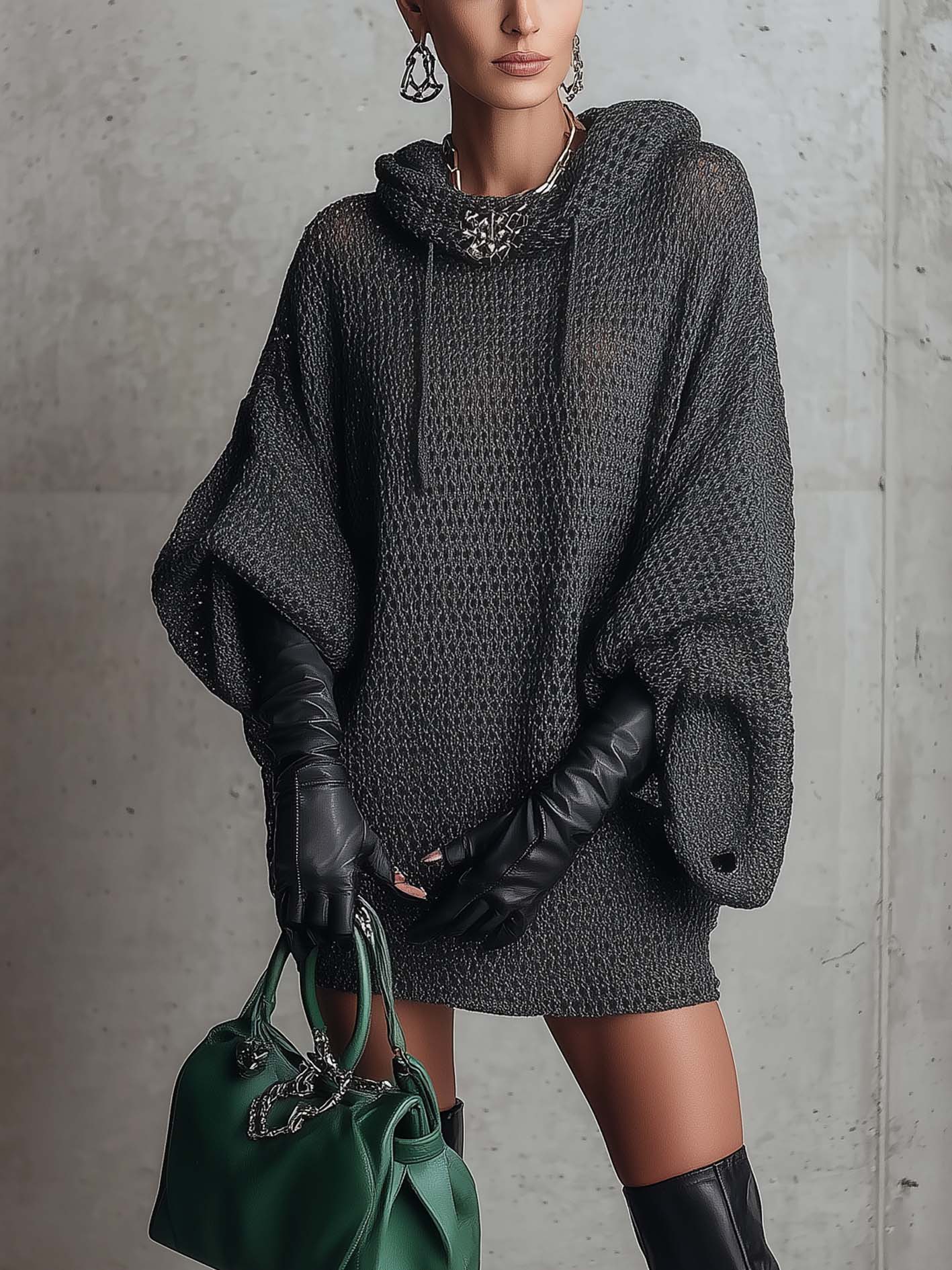 Gray Mesh Texture Knit Hooded Oversized Mini Dress
