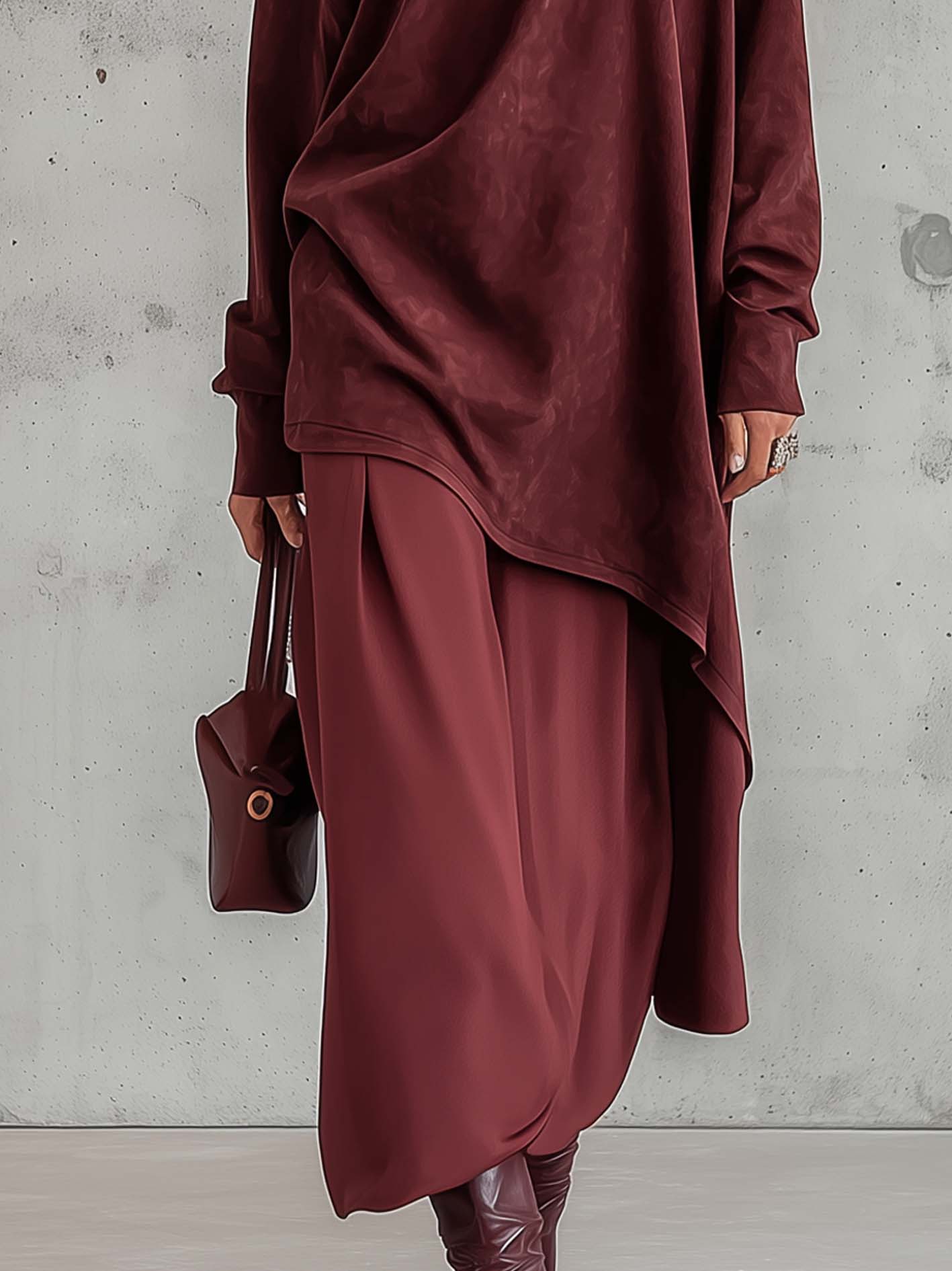 Burgundy Faux Suede One Shoulder Maxi Dress With Asymmetric Hem And Layered Design