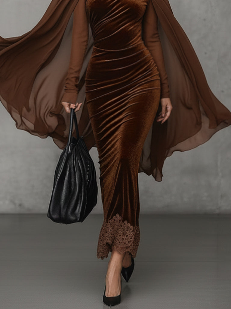Brown Velvet High Neck Cutout Maxi Dress With Chiffon Cape