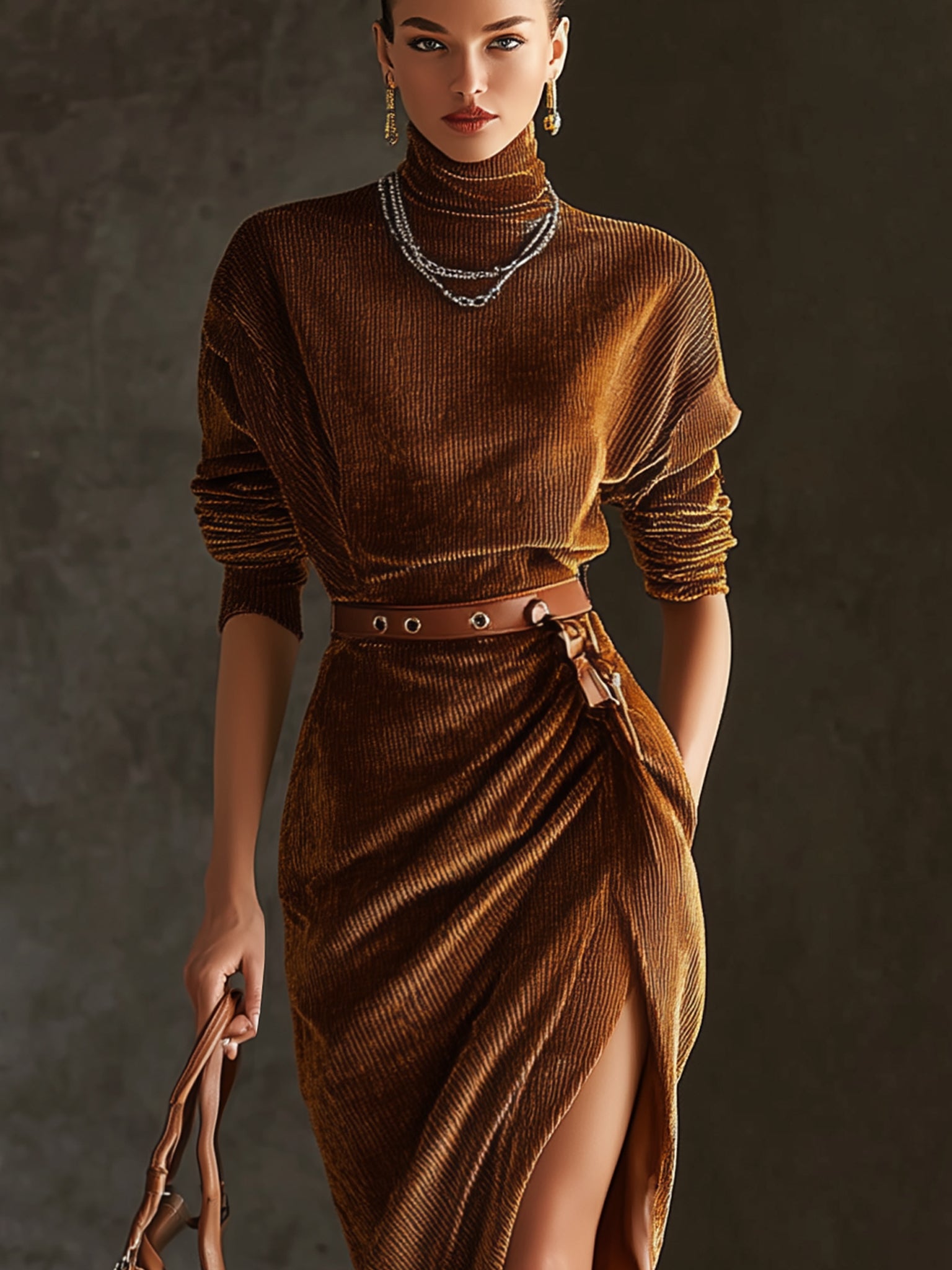Brown Corduroy Turtleneck Long Sleeve Bodycon Dress With Belt
