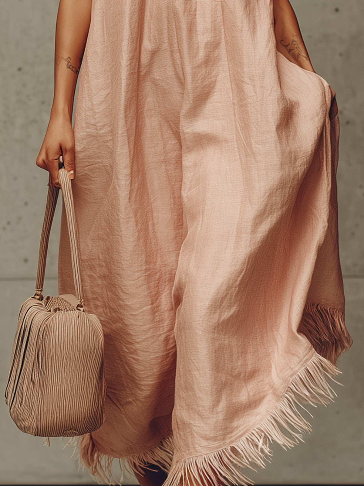 Blush Fringe Hem Asymmetric Halter Maxi Dress