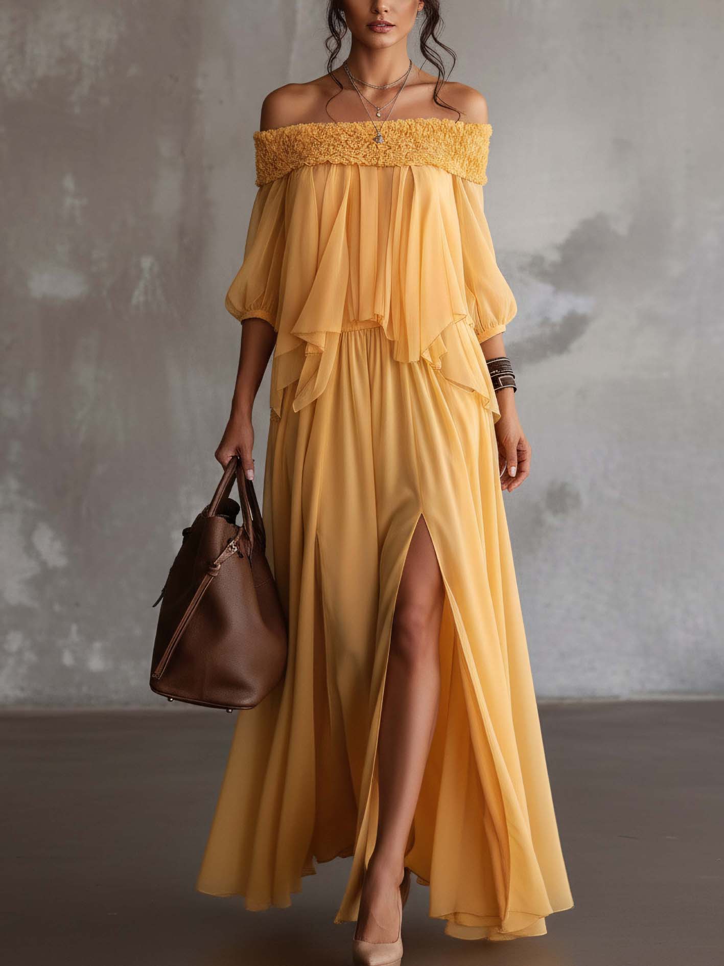 Yellow Off Shoulder Chiffon Maxi Dress With Ruffled Neckline And Side Slit