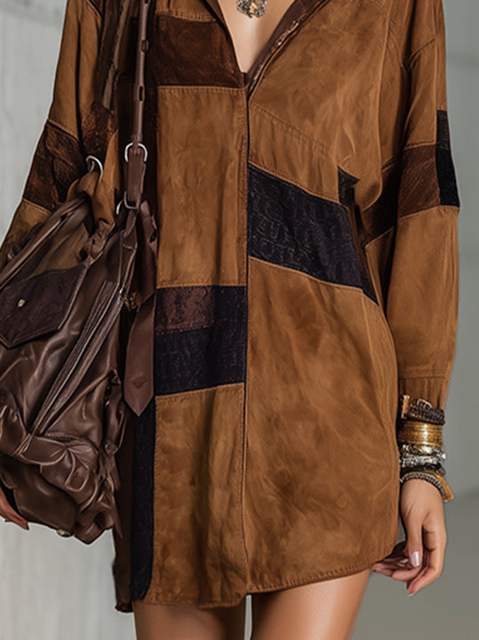 Brown Faux Suede Print Mini Dress