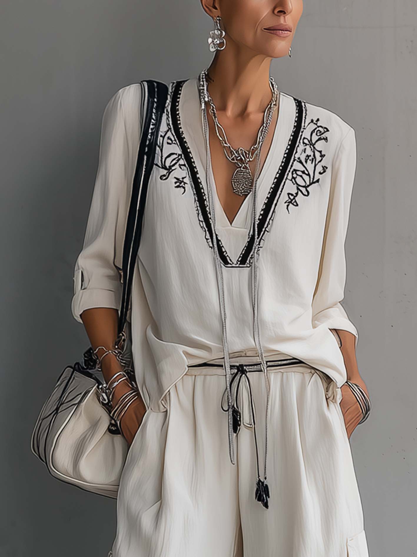 White Vintage Embroidered Linen Cotton Two-Piece Set