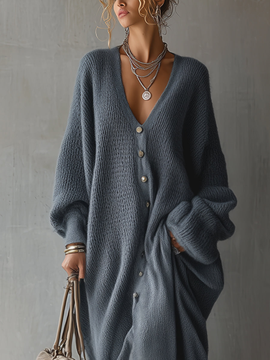 Blue Deep V-Neck Knit Maxi Dress With Openwork Hem